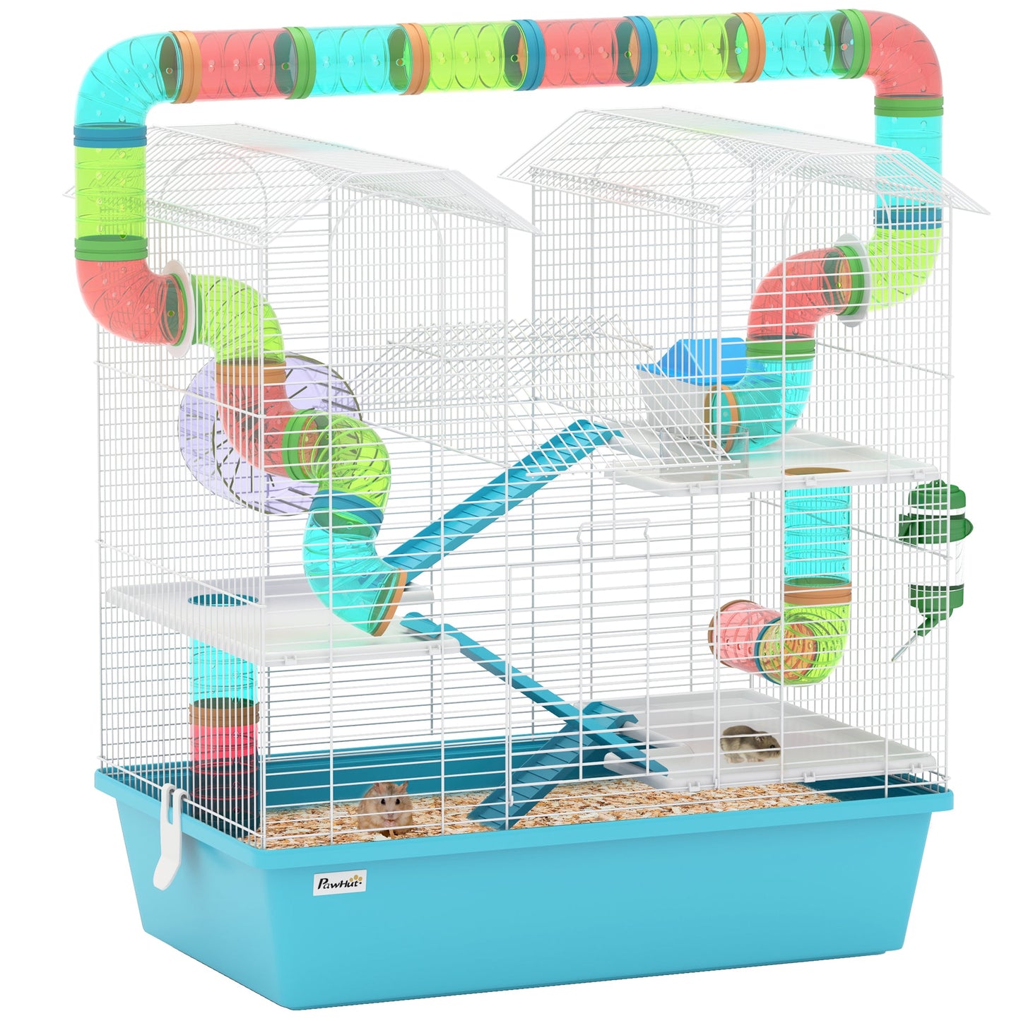 4 Tier Hamster Cage with Tube, Exercise Wheel, Hut, Water Bottle, Food Dish, Ramps, DIY Design, Large Hamster Cage for Dwarf, Light Blue