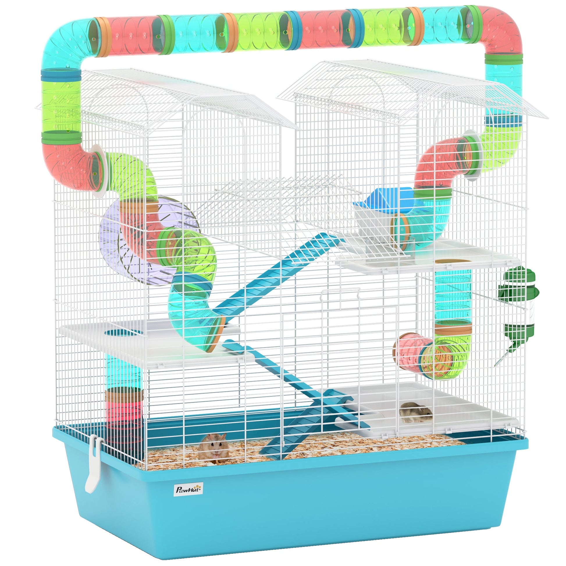 4 Tier Hamster Cage with Tube, Exercise Wheel, Hut, Water Bottle, Food Dish, Ramps, DIY Design, Large Hamster Cage for Dwarf, Light Blue