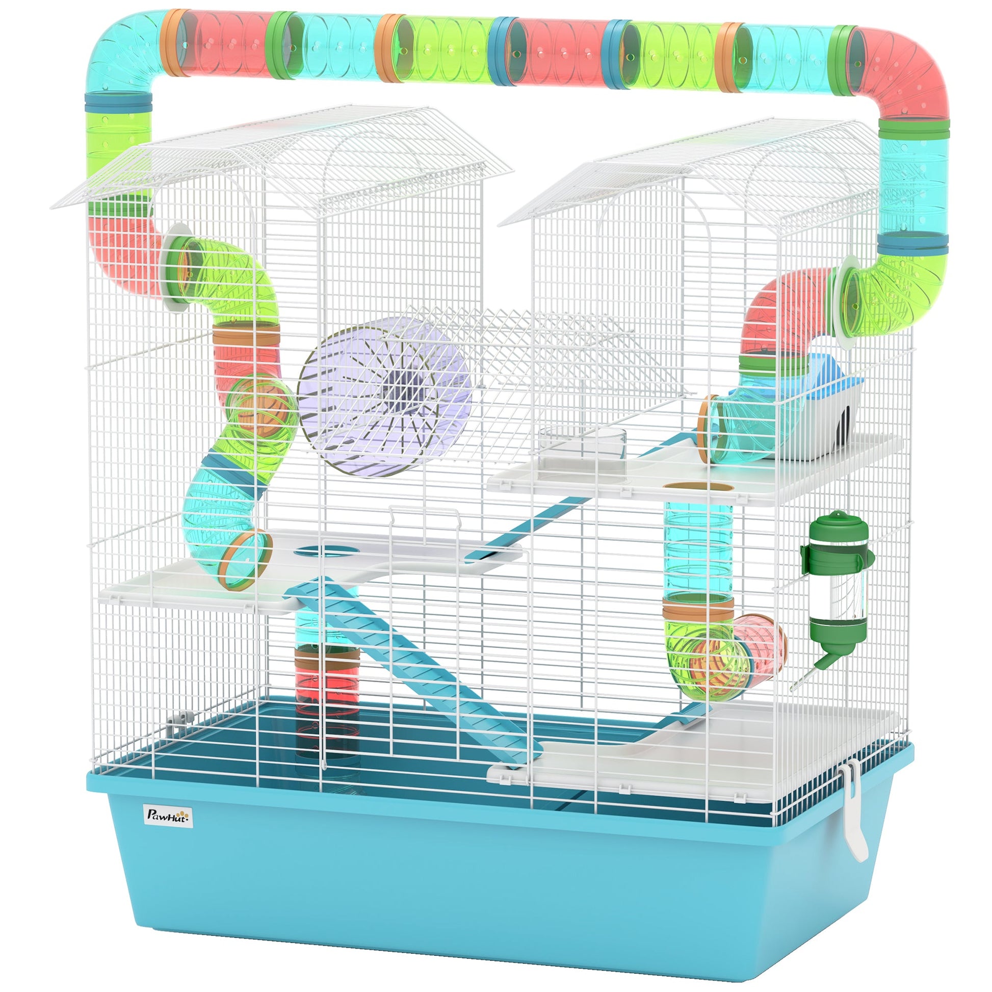 4 Tier Hamster Cage with Tube, Exercise Wheel, Hut, Water Bottle, Food Dish, Ramps, DIY Design, Large Hamster Cage for Dwarf, Light Blue