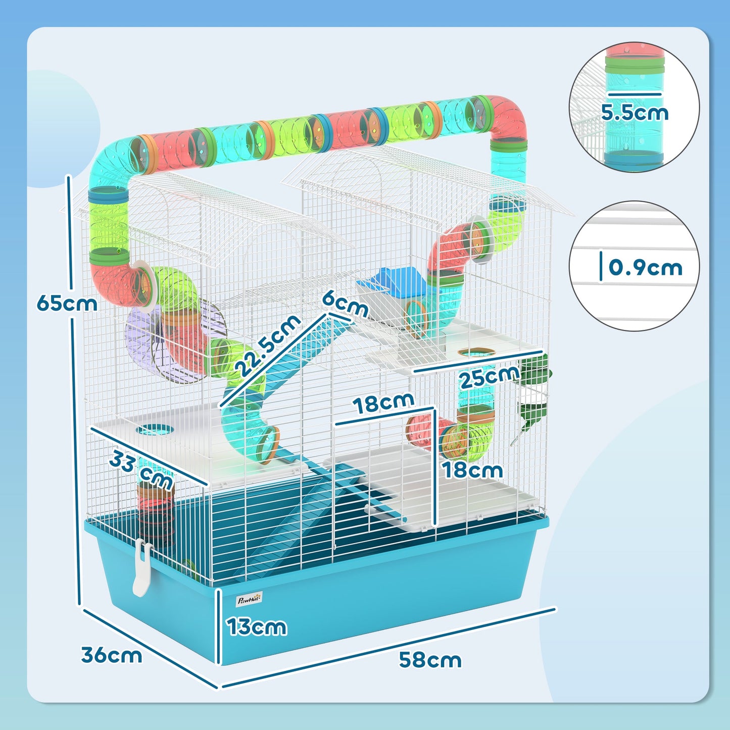 4 Tier Hamster Cage with Tube, Exercise Wheel, Hut, Water Bottle, Food Dish, Ramps, DIY Design, Large Hamster Cage for Dwarf, Light Blue