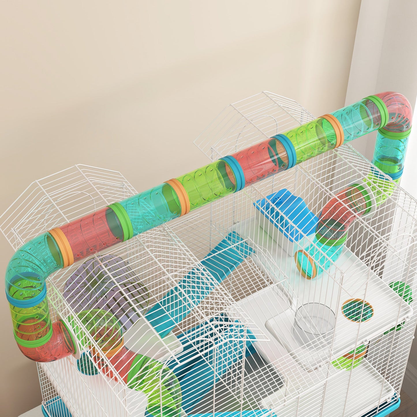 4 Tier Hamster Cage with Tube, Exercise Wheel, Hut, Water Bottle, Food Dish, Ramps, DIY Design, Large Hamster Cage for Dwarf, Light Blue