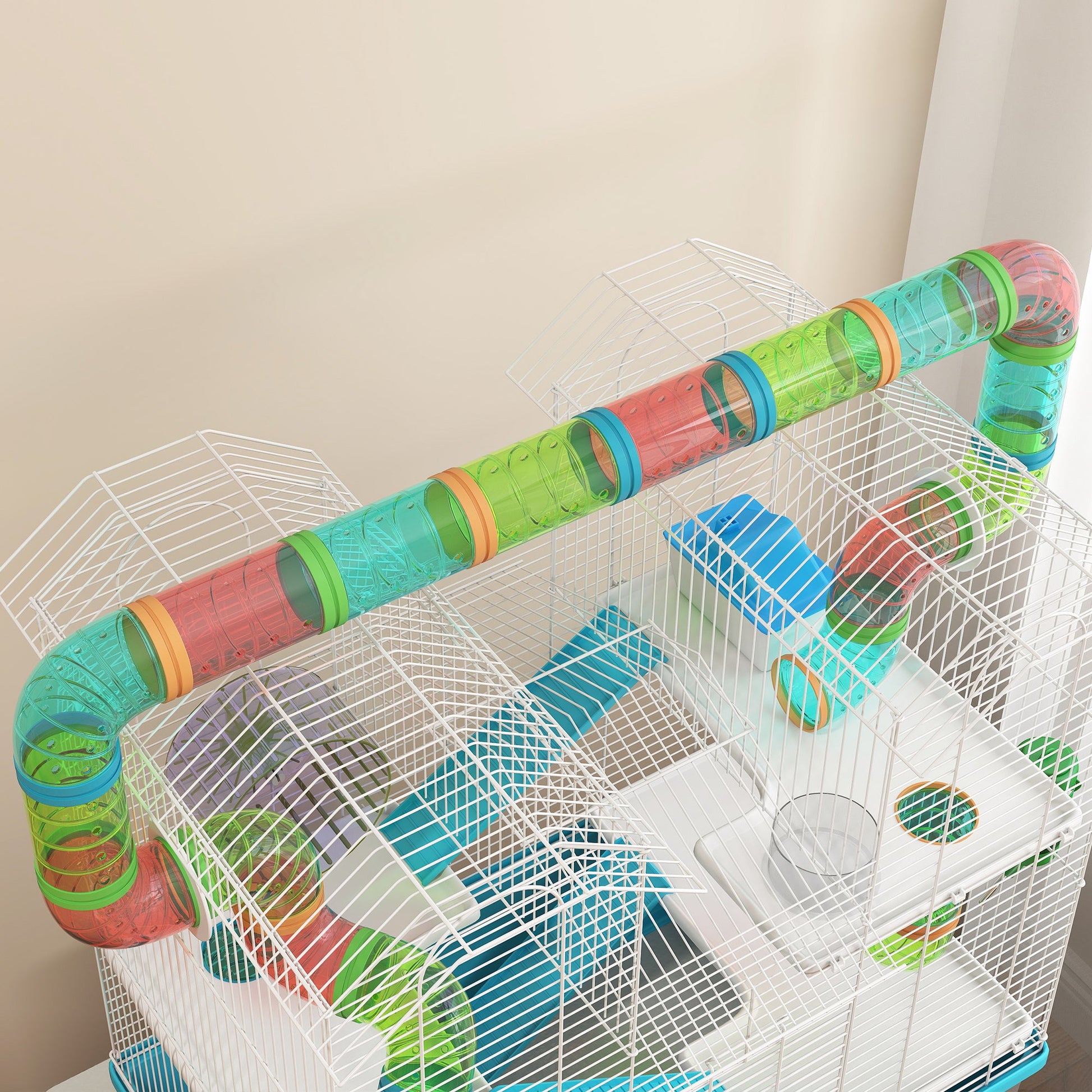 4 Tier Hamster Cage with Tube, Exercise Wheel, Hut, Water Bottle, Food Dish, Ramps, DIY Design, Large Hamster Cage for Dwarf, Light Blue
