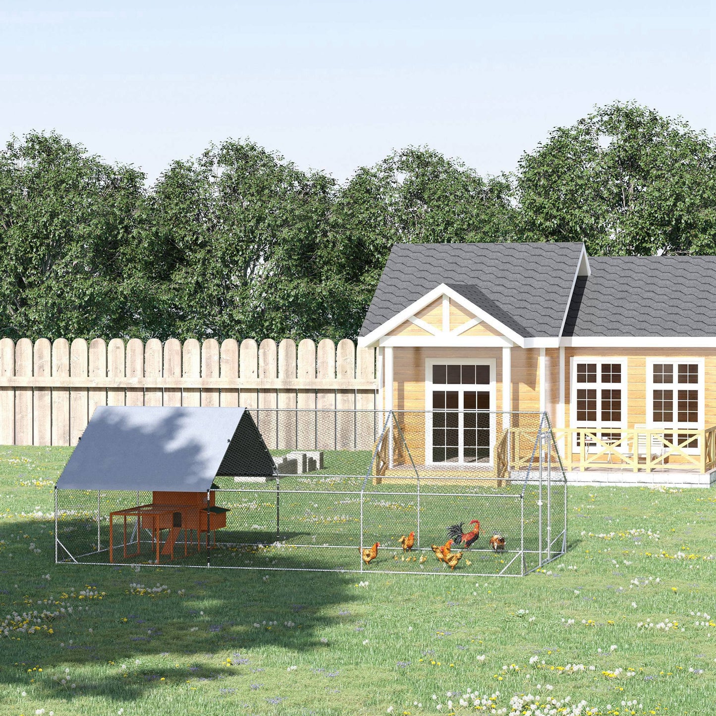 Chicken Run Galvanised Walk-in Chicken Coop Hen Poultry House Cage Rabbit Hutch Pet Playpen Garden w/ Water-Resist Cover, 3 x 6 x 2m