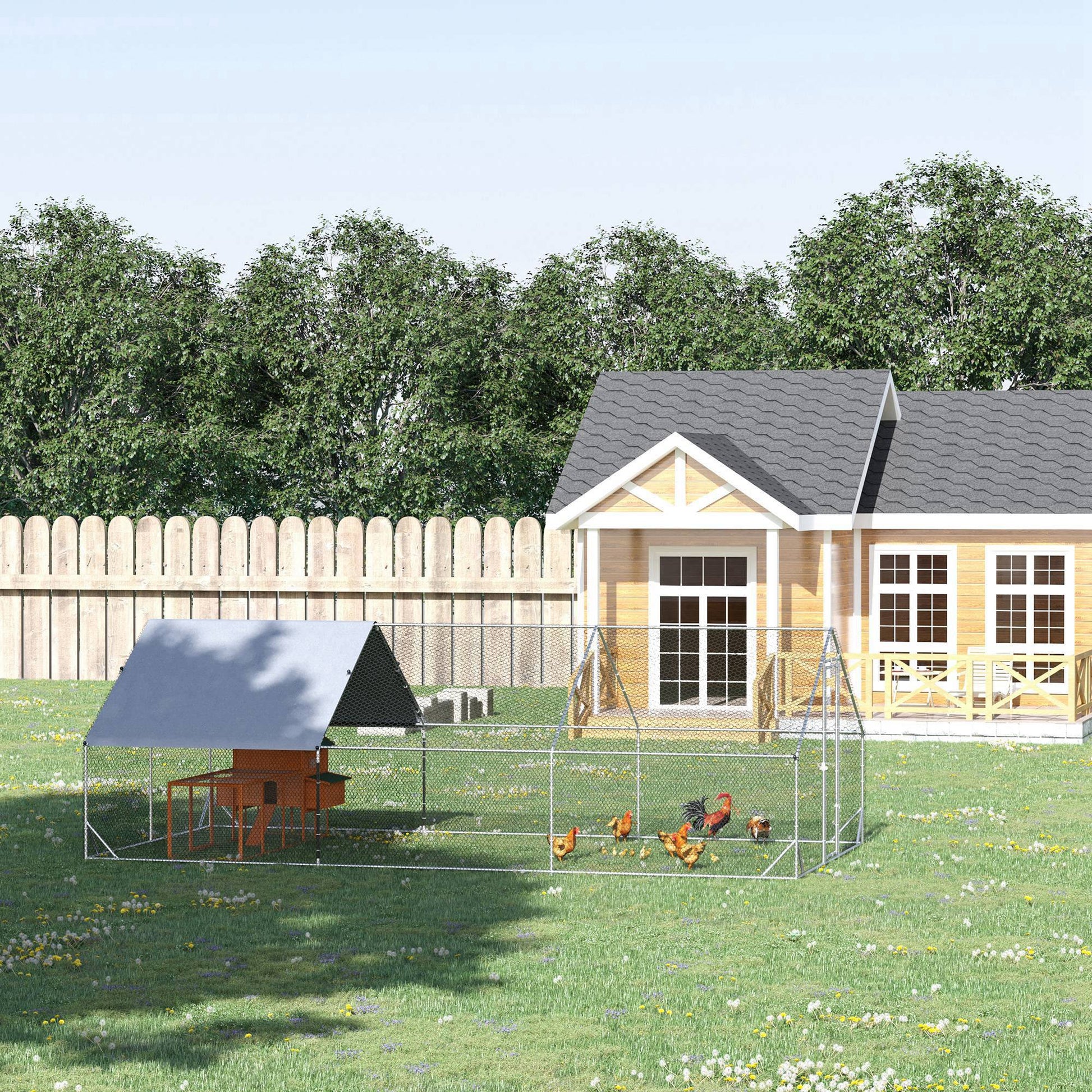 Chicken Run Galvanised Walk-in Chicken Coop Hen Poultry House Cage Rabbit Hutch Pet Playpen Garden w/ Water-Resist Cover, 3 x 6 x 2m