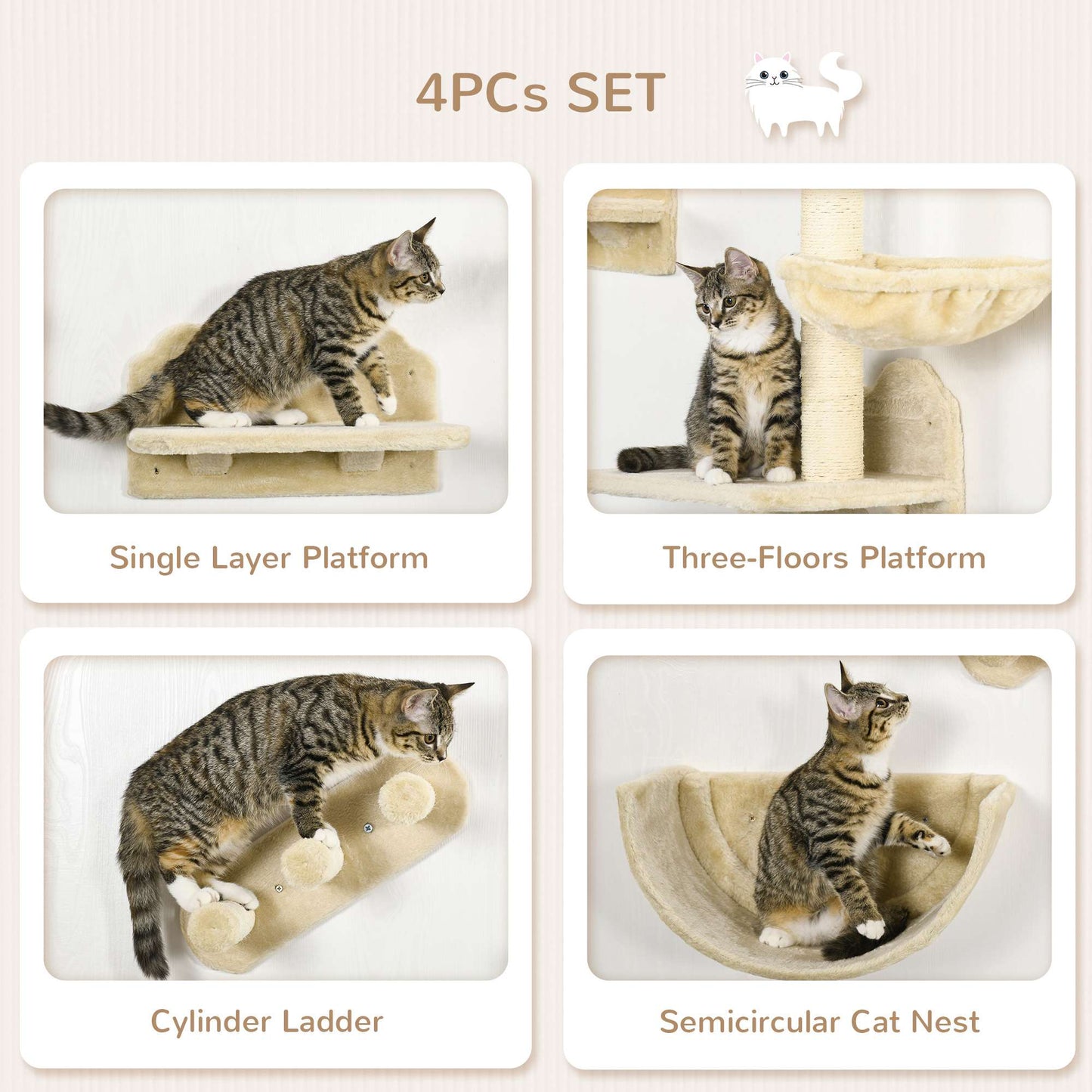 4PCs Wall Mounted Cat Tree Cat Wall Shelves Furniture Climbing Shelf Set Kitten Activity Centre w/ Hammock, Scratching Post - Beige