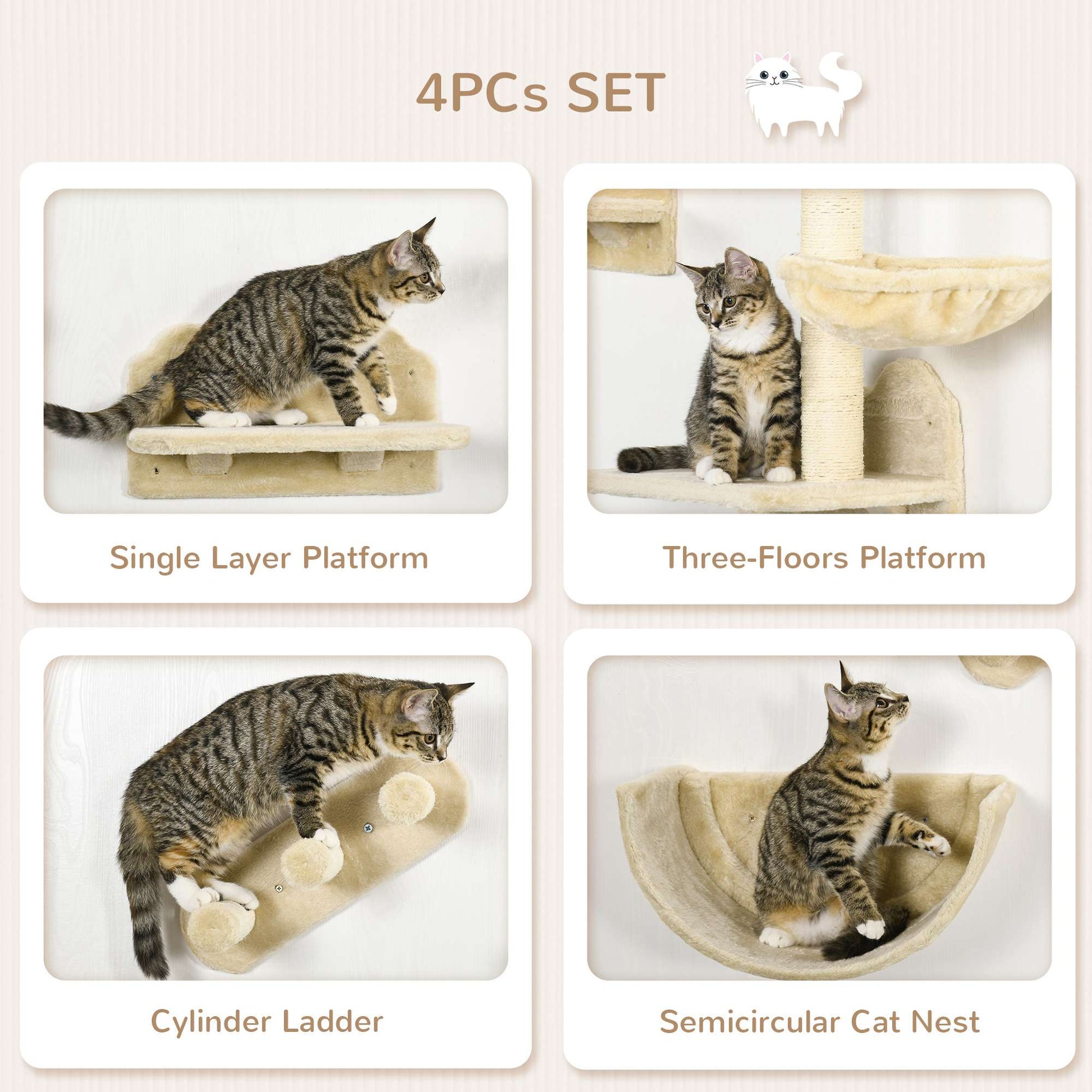 4PCs Wall Mounted Cat Tree Cat Wall Shelves Furniture Climbing Shelf Set Kitten Activity Centre w/ Hammock, Scratching Post - Beige