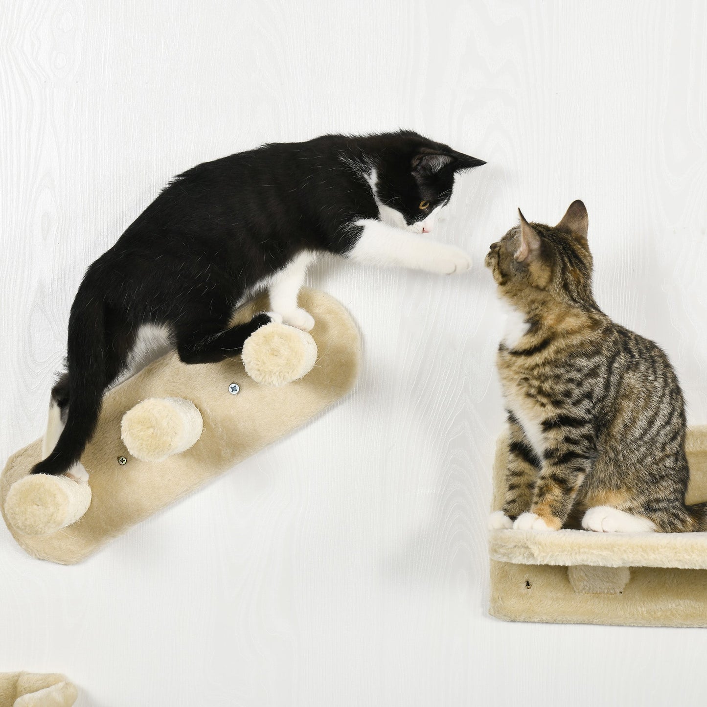 4PCs Wall Mounted Cat Tree Cat Wall Shelves Furniture Climbing Shelf Set Kitten Activity Centre w/ Hammock, Scratching Post - Beige