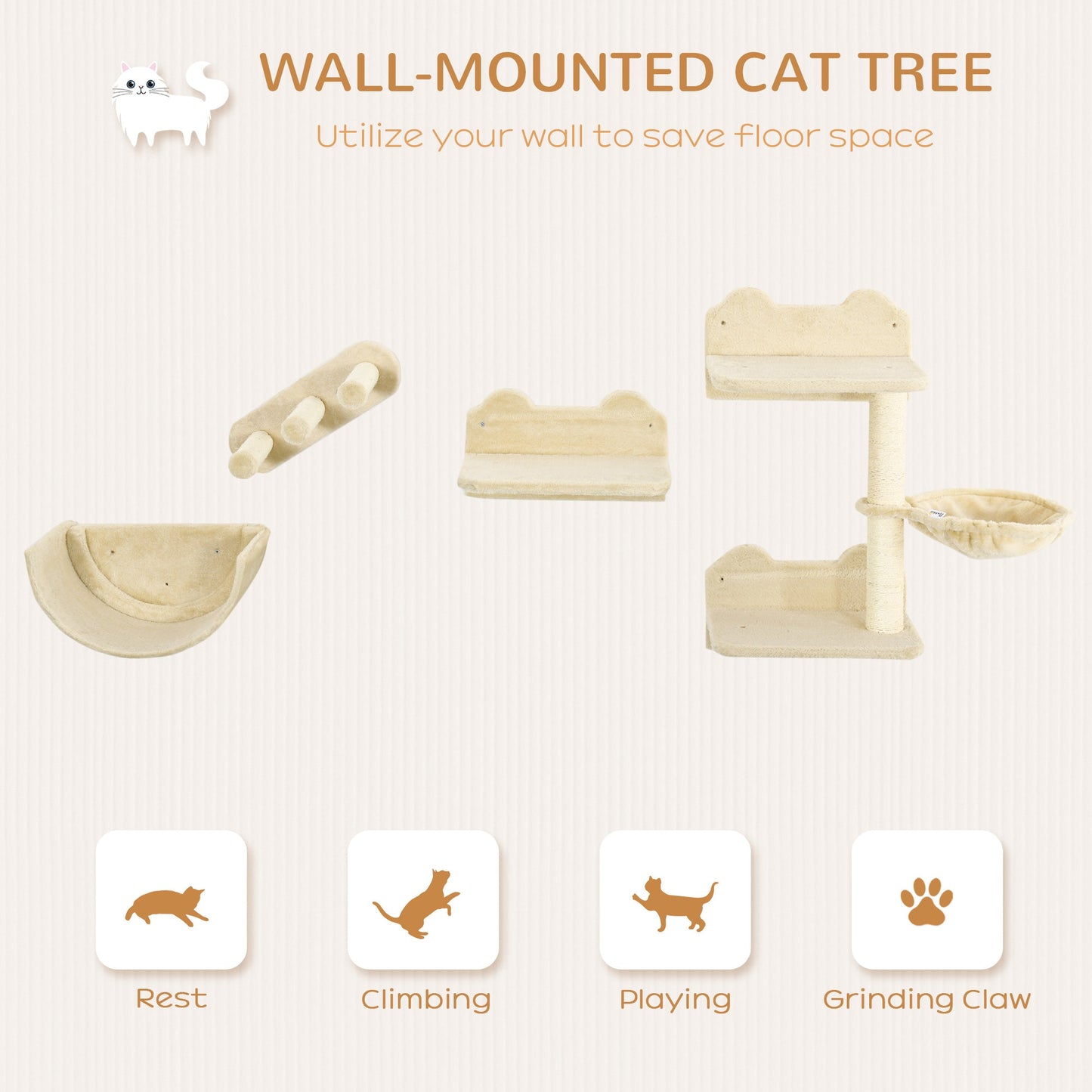 4PCs Wall Mounted Cat Tree Cat Wall Shelves Furniture Climbing Shelf Set Kitten Activity Centre w/ Hammock, Scratching Post - Beige