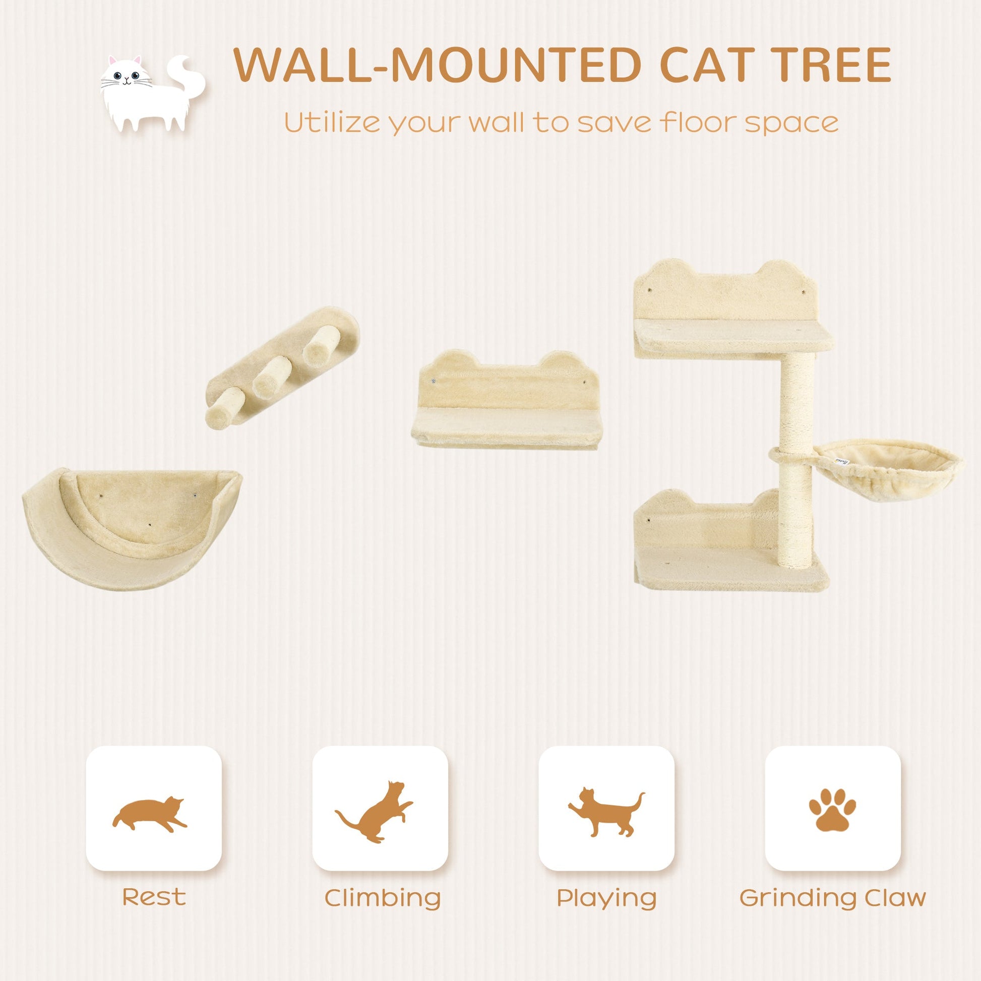 4PCs Wall Mounted Cat Tree Cat Wall Shelves Furniture Climbing Shelf Set Kitten Activity Centre w/ Hammock, Scratching Post - Beige
