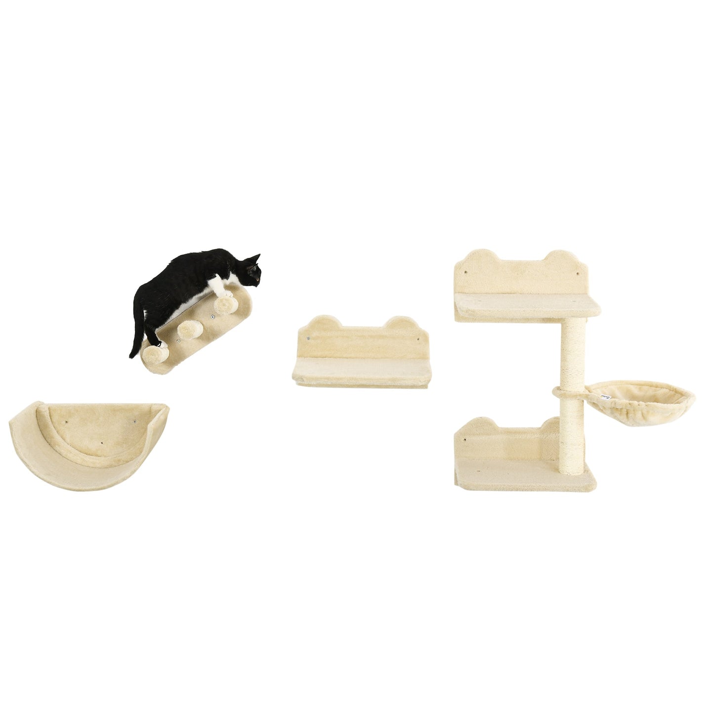 4PCs Wall Mounted Cat Tree Cat Wall Shelves Furniture Climbing Shelf Set Kitten Activity Centre w/ Hammock, Scratching Post - Beige