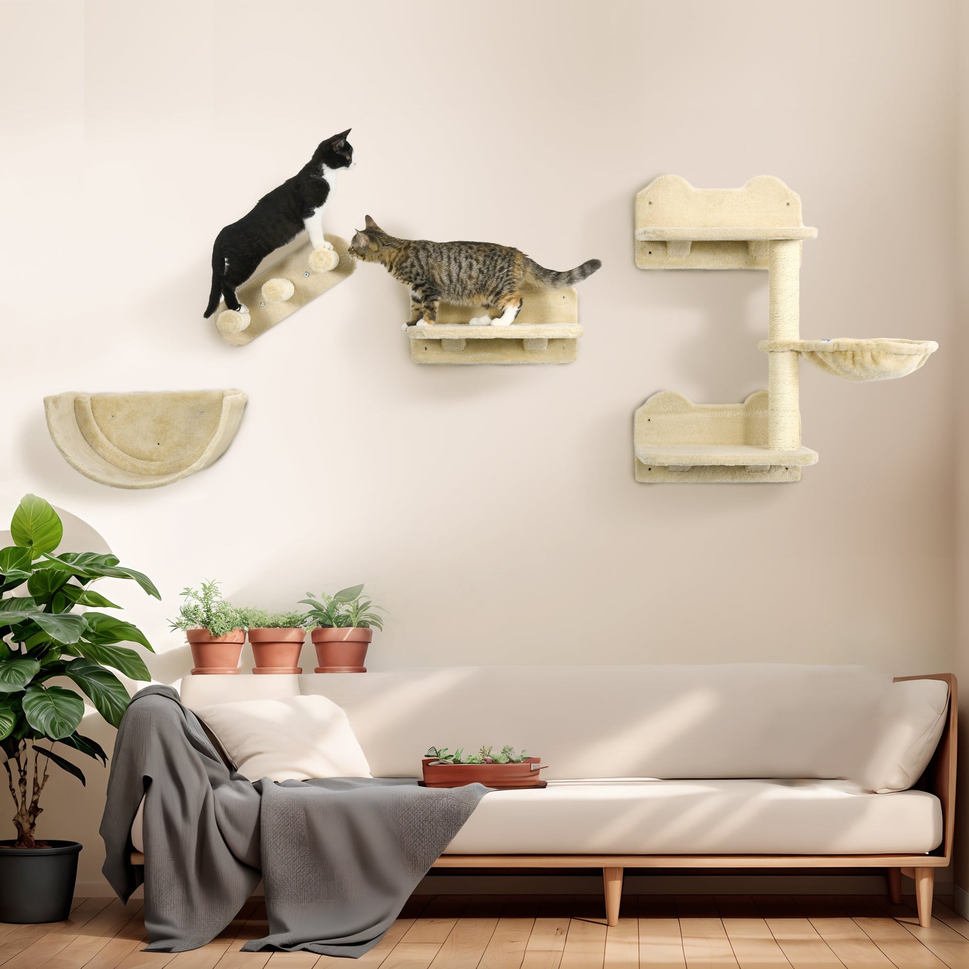 4PCs Wall Mounted Cat Tree Cat Wall Shelves Furniture Climbing Shelf Set Kitten Activity Centre w/ Hammock, Scratching Post - Beige