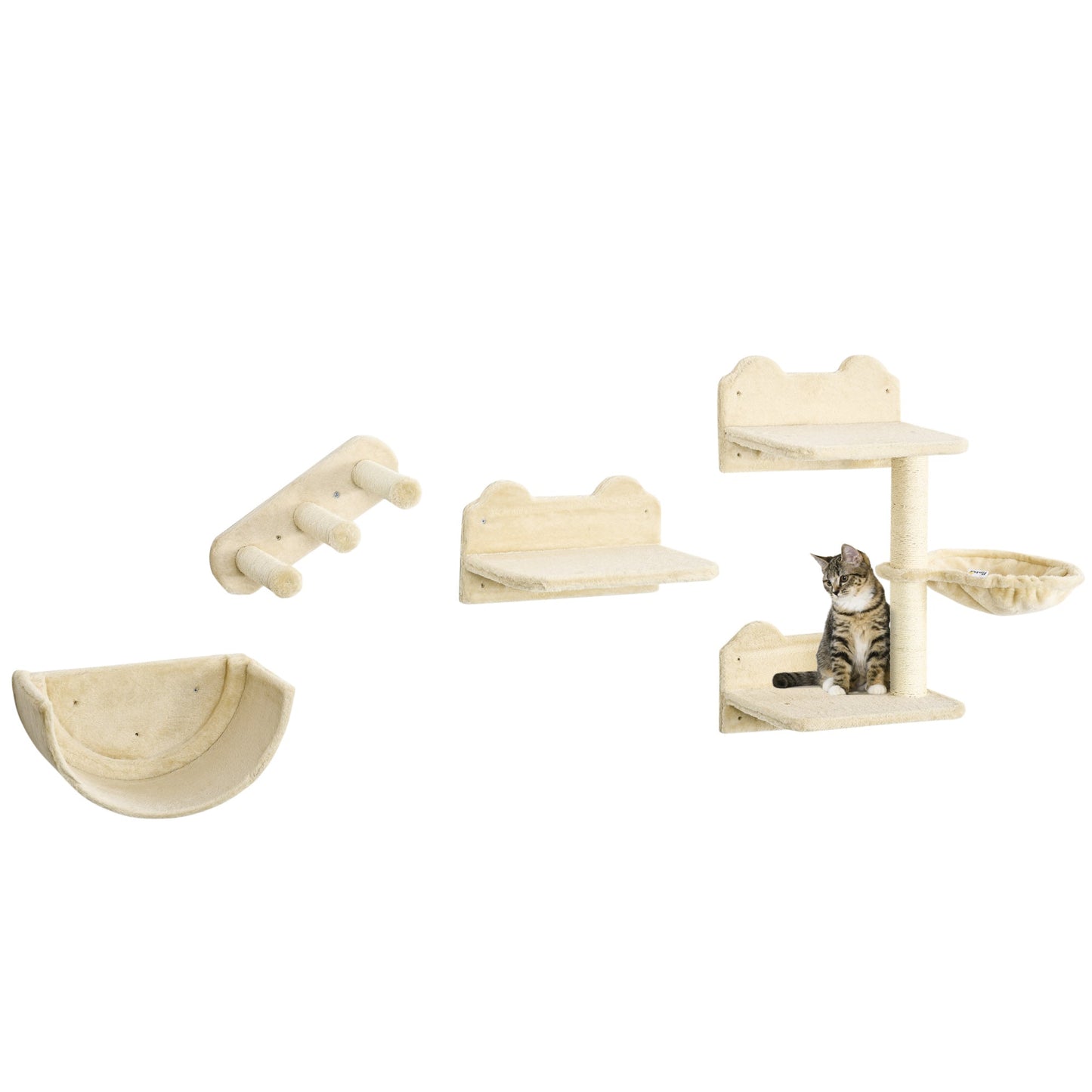4PCs Wall Mounted Cat Tree Cat Wall Shelves Furniture Climbing Shelf Set Kitten Activity Centre w/ Hammock, Scratching Post - Beige