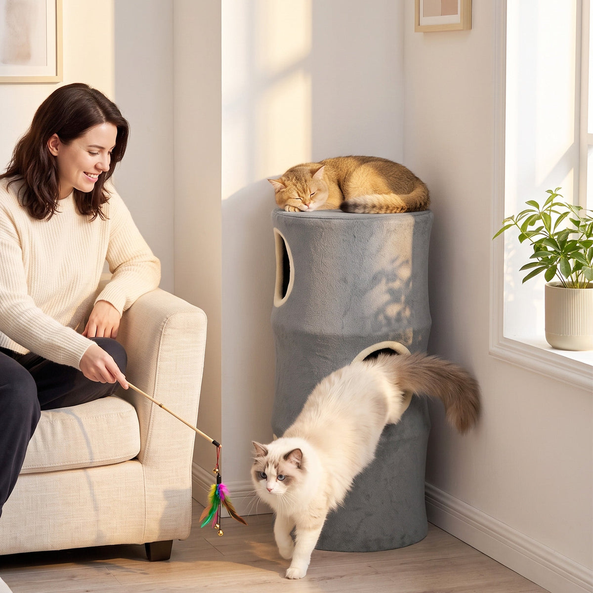 Cat House for Indoor Kittens, Cat Condo with Removable Washable Cover, Modern Barrel-Shaped Kitty Cave Bed, Stable Multi-Level Kitten Hideaway for Play & Rest, 40 x 40 x 80 cm, Grey
