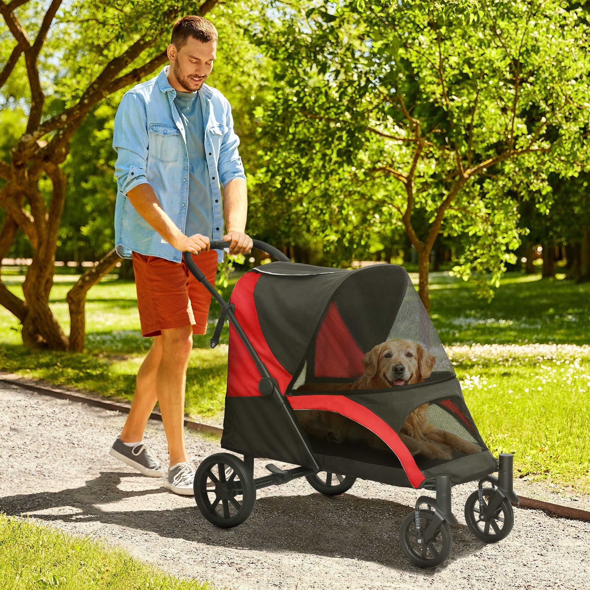 Dog Stroller, Easy Folding Pet Stroller for Large Dogs, Puppy Pram Pet Pushchair with 4 Big Wheels, Shock-Absorbing Frame, Safety Leashes, Brakes, Red/Black