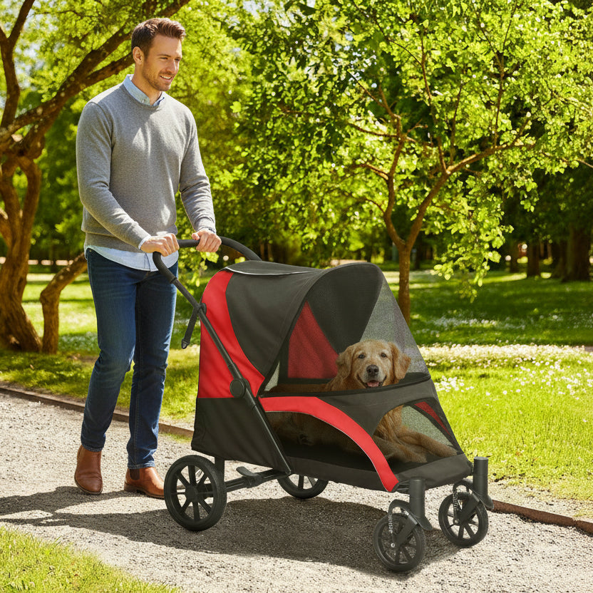 Dog Stroller, Easy Folding Pet Stroller for Large Dogs, Puppy Pram Pet Pushchair with 4 Big Wheels, Shock-Absorbing Frame, Safety Leashes, Brakes, Red/Black