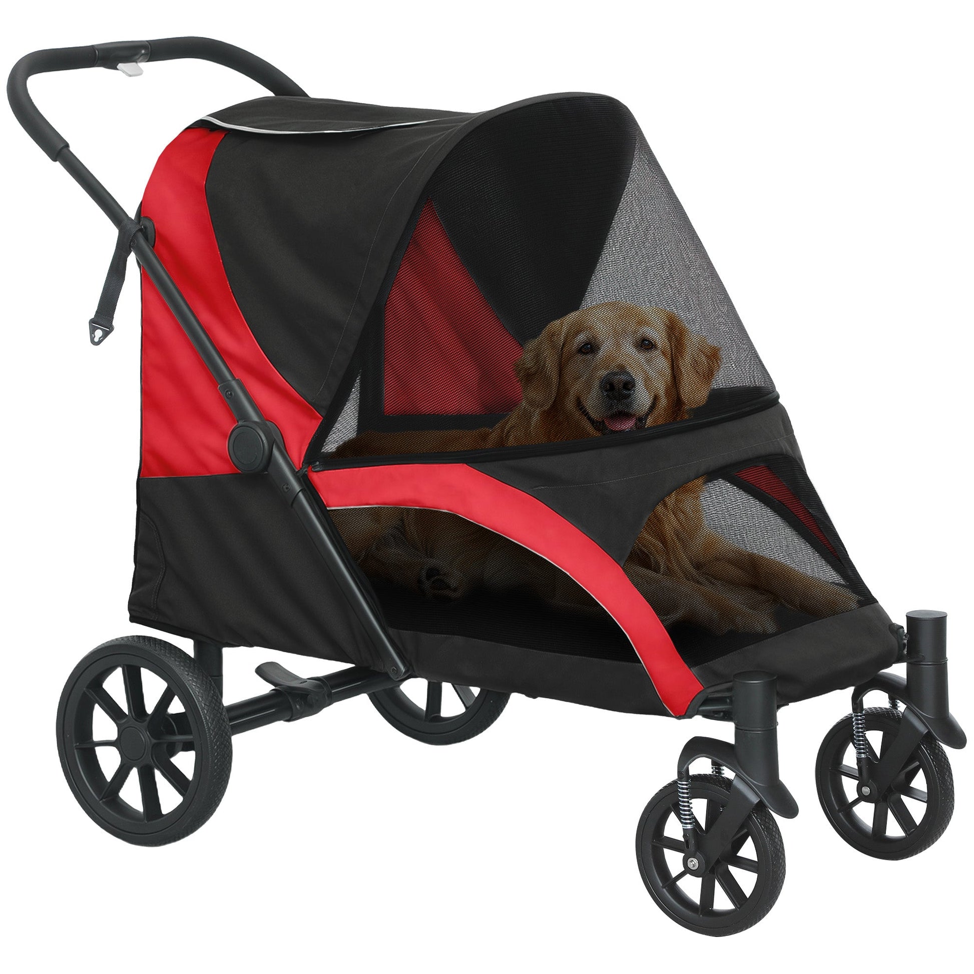 Dog Stroller, Easy Folding Pet Stroller for Large Dogs, Puppy Pram Pet Pushchair with 4 Big Wheels, Shock-Absorbing Frame, Safety Leashes, Brakes, Red/Black