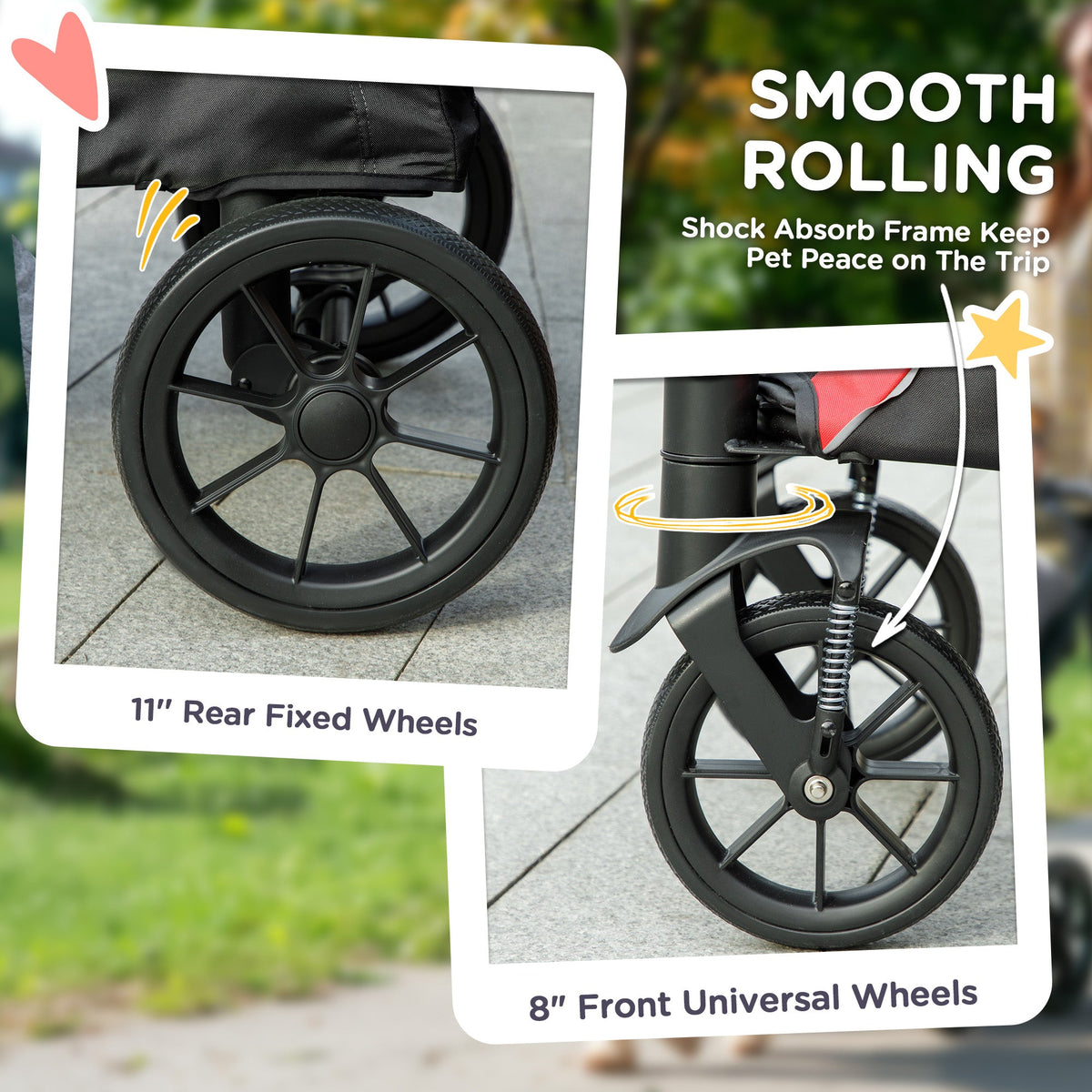 Dog Stroller, Easy Folding Pet Stroller for Large Dogs, Puppy Pram Pet Pushchair with 4 Big Wheels, Shock-Absorbing Frame, Safety Leashes, Brakes, Red/Black
