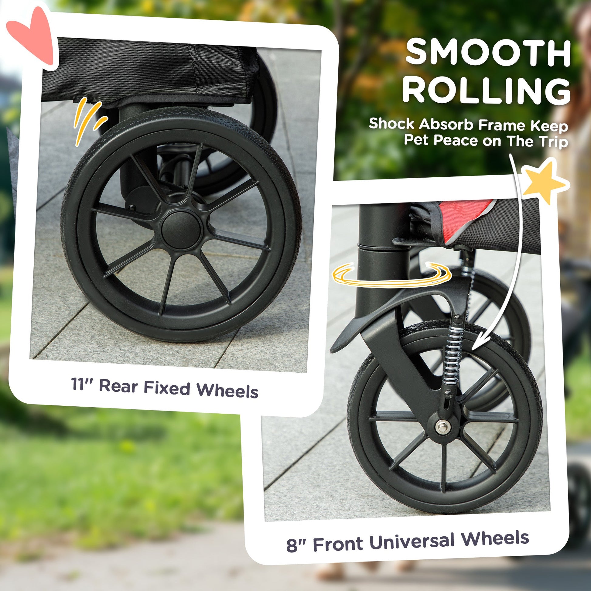 Dog Stroller, Easy Folding Pet Stroller for Large Dogs, Puppy Pram Pet Pushchair with 4 Big Wheels, Shock-Absorbing Frame, Safety Leashes, Brakes, Red/Black