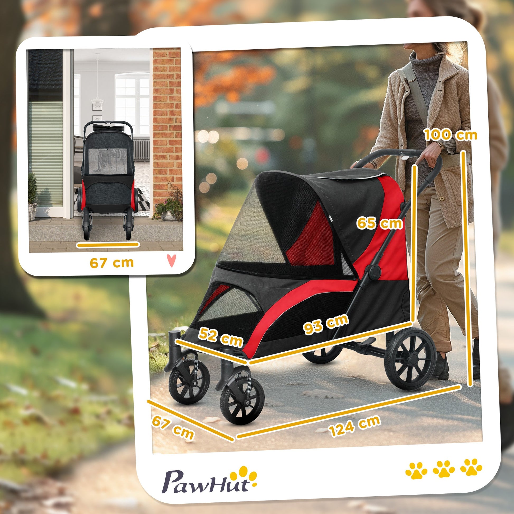 Dog Stroller, Easy Folding Pet Stroller for Large Dogs, Puppy Pram Pet Pushchair with 4 Big Wheels, Shock-Absorbing Frame, Safety Leashes, Brakes, Red/Black