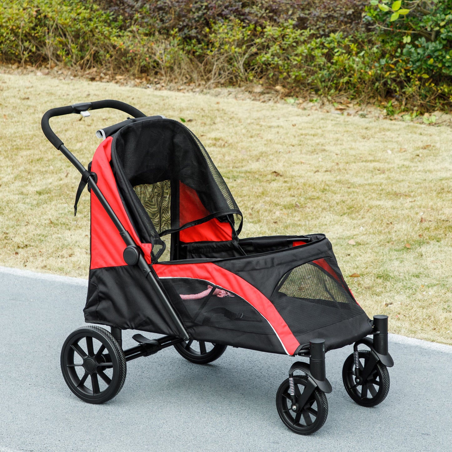 Dog Stroller, Easy Folding Pet Stroller for Large Dogs, Puppy Pram Pet Pushchair with 4 Big Wheels, Shock-Absorbing Frame, Safety Leashes, Brakes, Red/Black