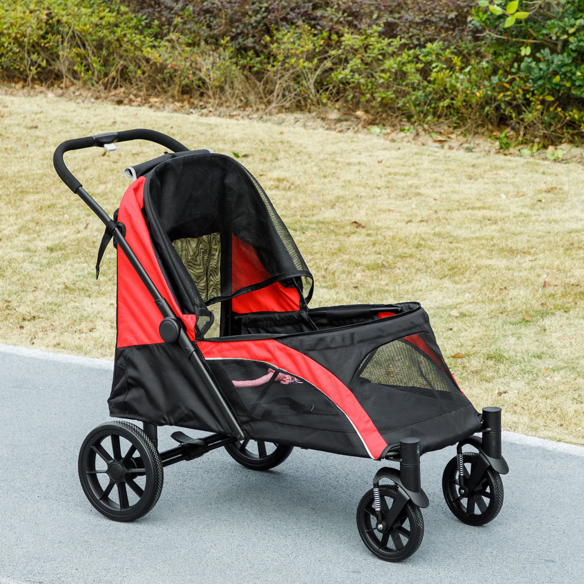 Dog Stroller, Easy Folding Pet Stroller for Large Dogs, Puppy Pram Pet Pushchair with 4 Big Wheels, Shock-Absorbing Frame, Safety Leashes, Brakes, Red/Black