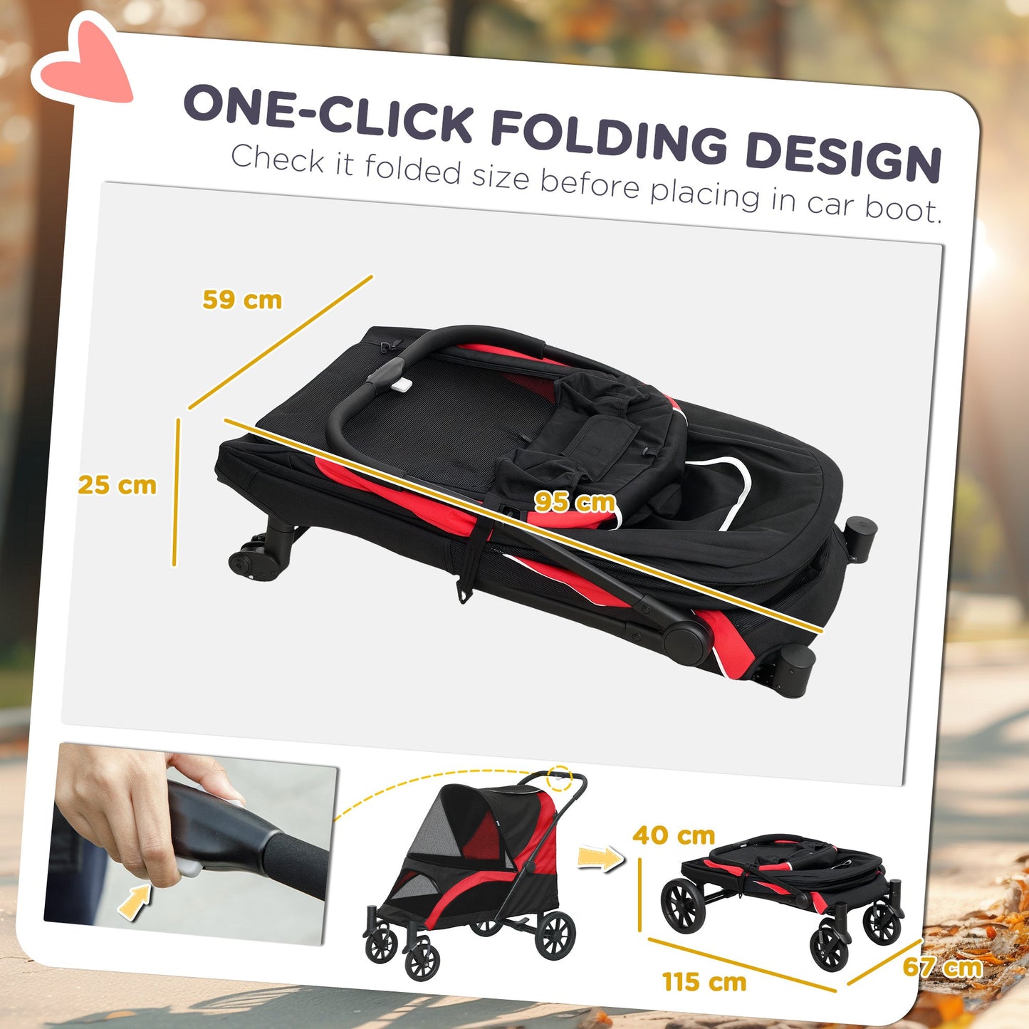 Dog Stroller, Easy Folding Pet Stroller for Large Dogs, Puppy Pram Pet Pushchair with 4 Big Wheels, Shock-Absorbing Frame, Safety Leashes, Brakes, Red/Black