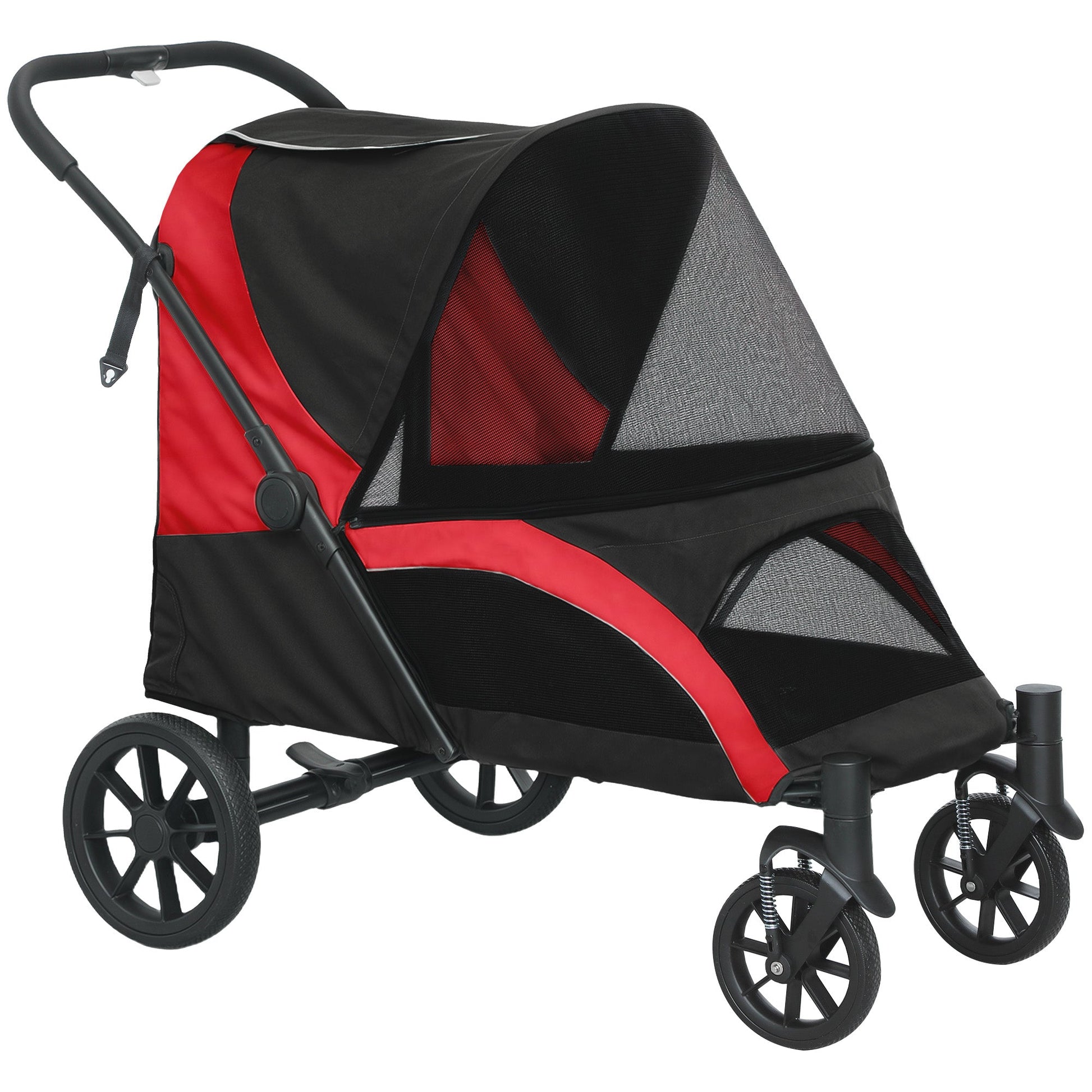 Dog Stroller, Easy Folding Pet Stroller for Large Dogs, Puppy Pram Pet Pushchair with 4 Big Wheels, Shock-Absorbing Frame, Safety Leashes, Brakes, Red/Black