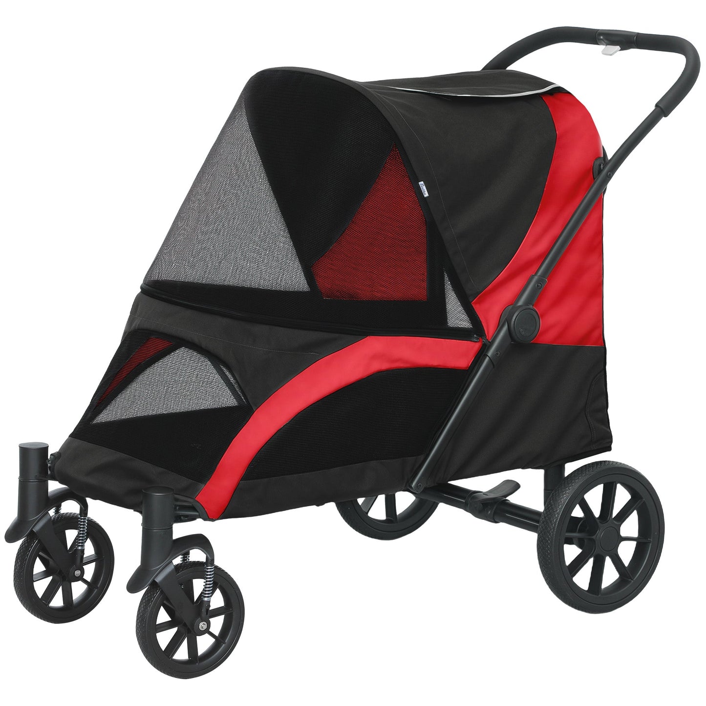 Dog Stroller, Easy Folding Pet Stroller for Large Dogs, Puppy Pram Pet Pushchair with 4 Big Wheels, Shock-Absorbing Frame, Safety Leashes, Brakes, Red/Black
