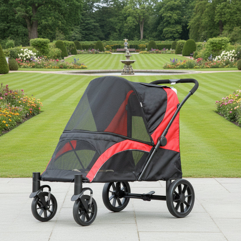 Dog Stroller, Easy Folding Pet Stroller for Large Dogs, Puppy Pram Pet Pushchair with 4 Big Wheels, Shock-Absorbing Frame, Safety Leashes, Brakes, Red/Black