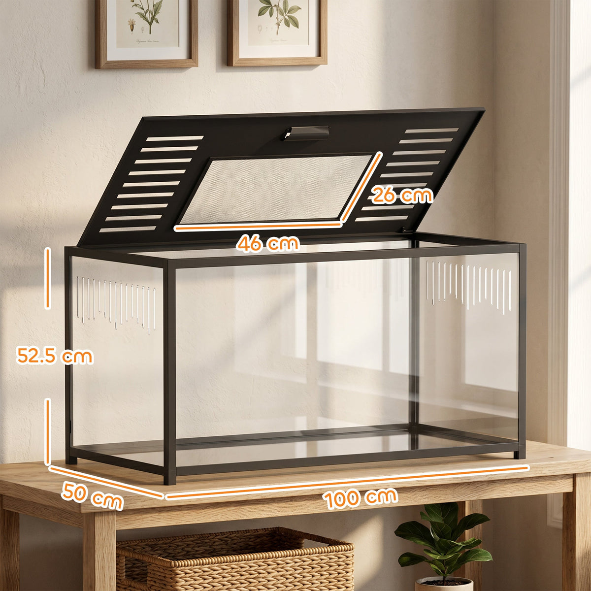 Large Hamster Cage, Chewproof Metal Rat Cage with Deep Base, Openable Top & Excellent Ventilation, Transparent Small Animal Habitat for Syrian Dwarf Hamster, Gerbil, 100 x 50 x 52.5 cm, Black
