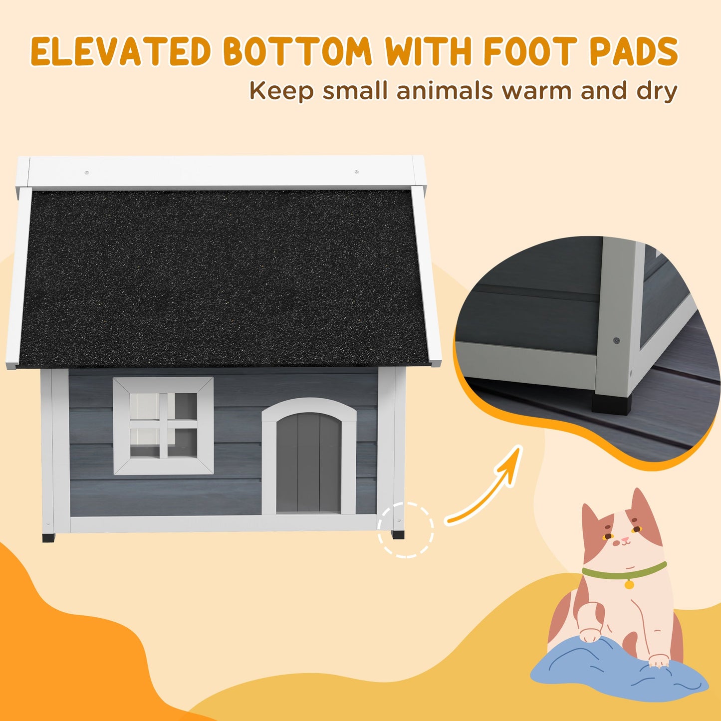 Outdoor Cat House, Wooden Feral Cat Shelter, Water-Resistant Hide Home with Openable Asphalt Roof, Three Doors, 77 x 57.5 x 68cm - Grey
