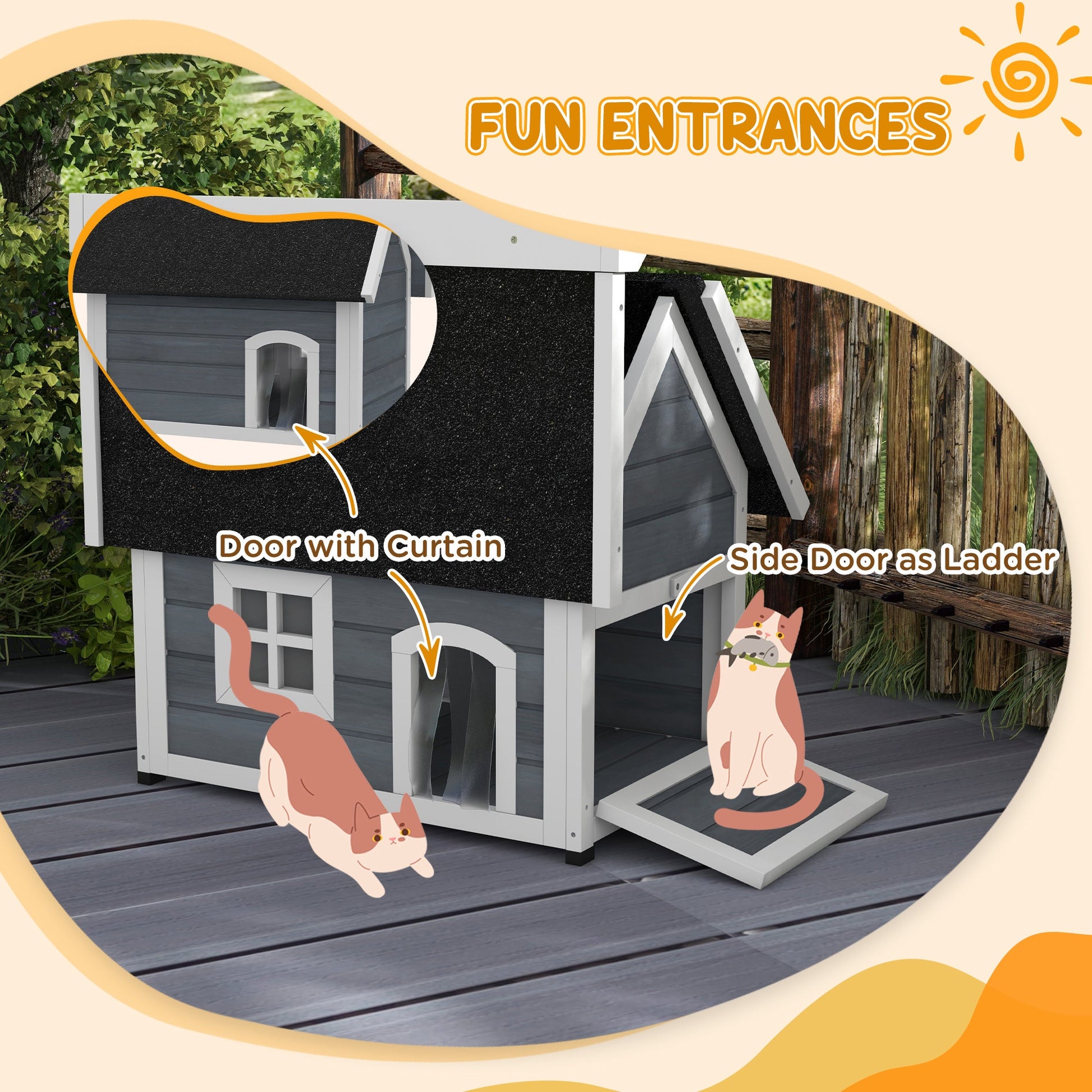 Outdoor Cat House, Wooden Feral Cat Shelter, Water-Resistant Hide Home with Openable Asphalt Roof, Three Doors, 77 x 57.5 x 68cm - Grey