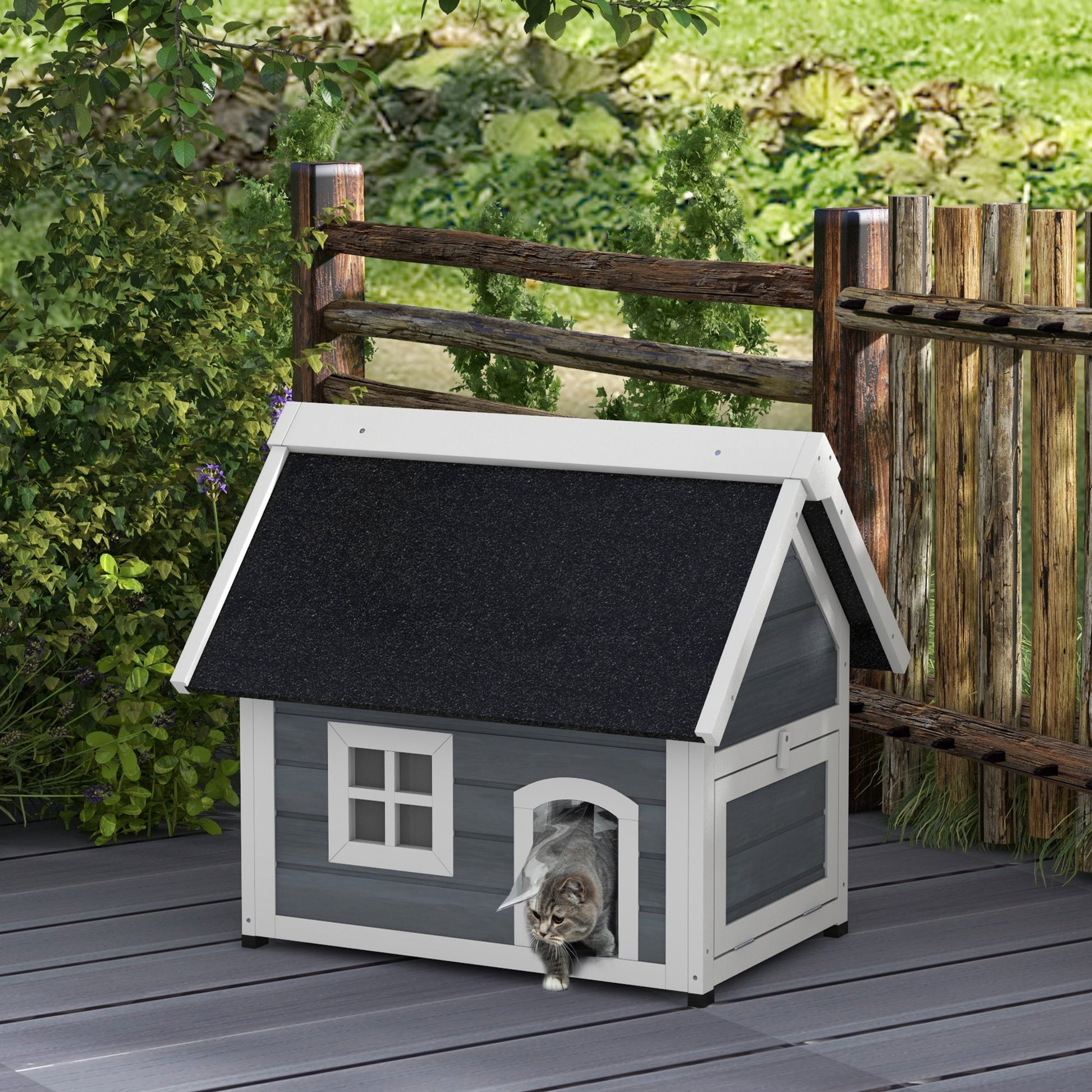 Outdoor Cat House, Wooden Feral Cat Shelter, Water-Resistant Hide Home with Openable Asphalt Roof, Three Doors, 77 x 57.5 x 68cm - Grey
