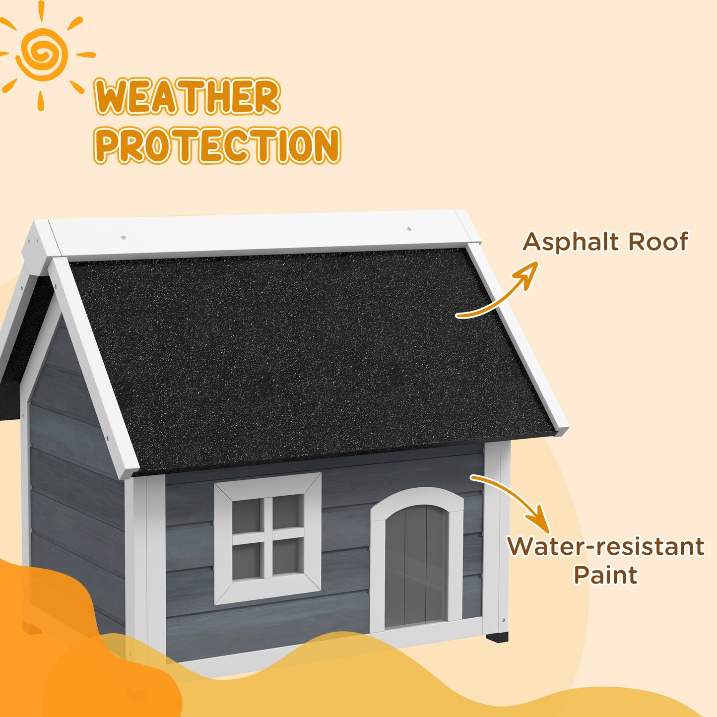 Outdoor Cat House, Wooden Feral Cat Shelter, Water-Resistant Hide Home with Openable Asphalt Roof, Three Doors, 77 x 57.5 x 68cm - Grey