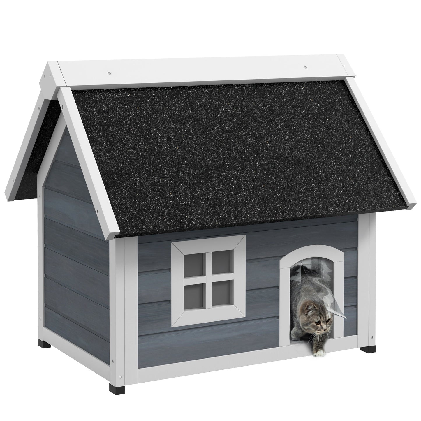 Outdoor Cat House, Wooden Feral Cat Shelter, Water-Resistant Hide Home with Openable Asphalt Roof, Three Doors, 77 x 57.5 x 68cm - Grey