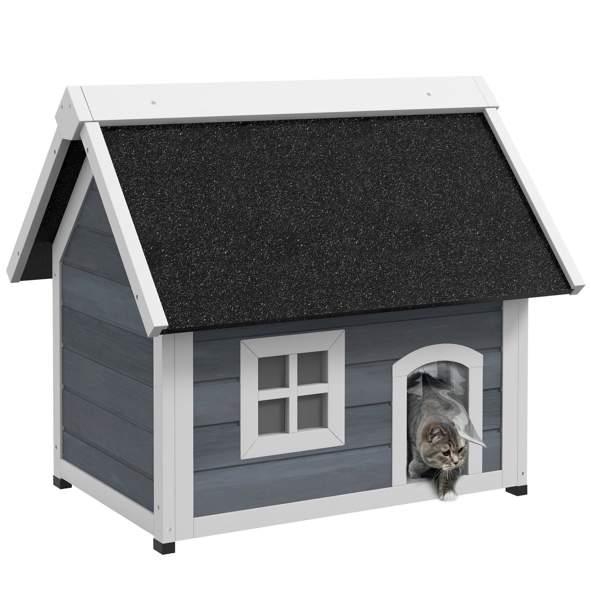 Outdoor Cat House, Wooden Feral Cat Shelter, Water-Resistant Hide Home with Openable Asphalt Roof, Three Doors, 77 x 57.5 x 68cm - Grey