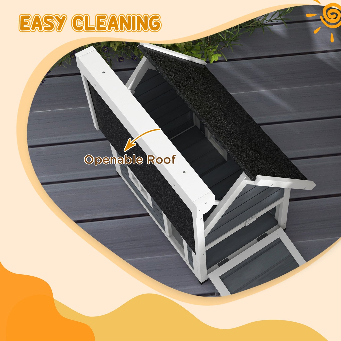 Outdoor Cat House, Wooden Feral Cat Shelter, Water-Resistant Hide Home with Openable Asphalt Roof, Three Doors, 77 x 57.5 x 68cm - Grey