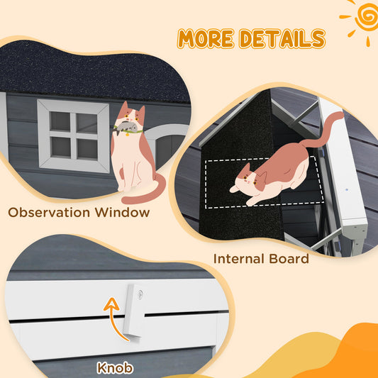 Outdoor Cat House, Wooden Feral Cat Shelter, Water-Resistant Hide Home with Openable Asphalt Roof, Three Doors, 77 x 57.5 x 68cm - Grey