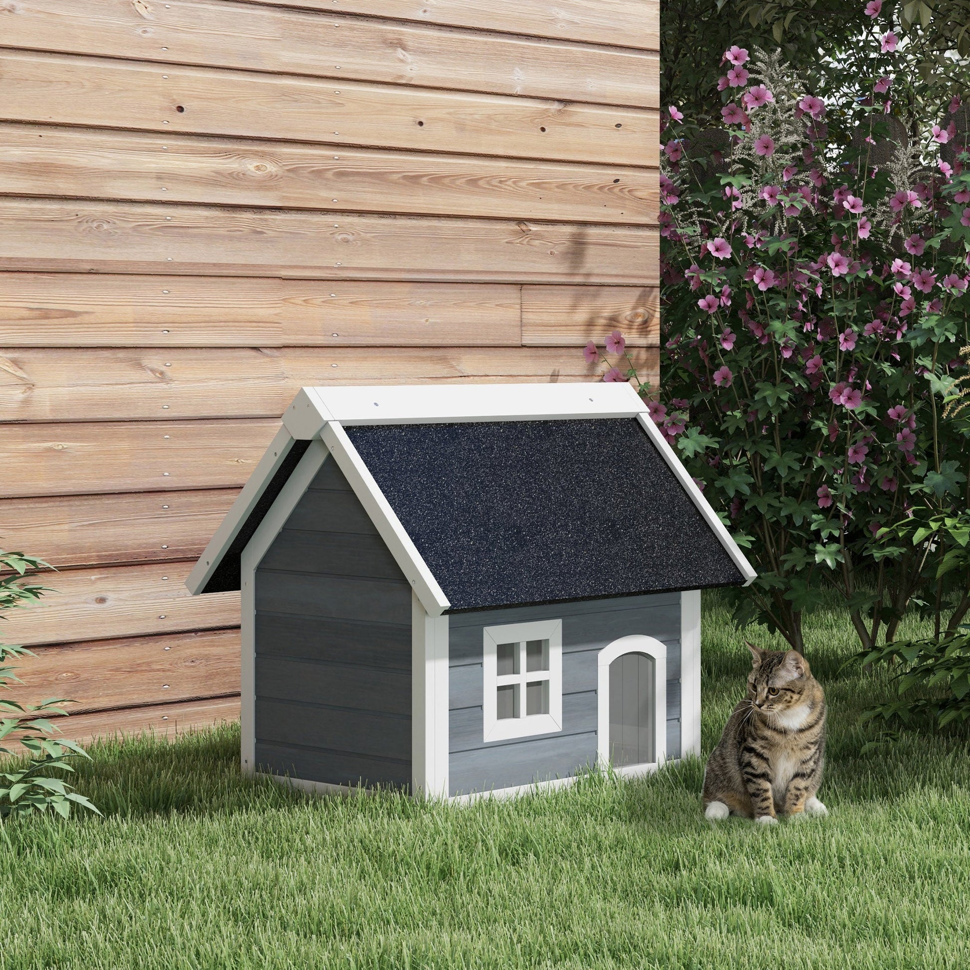 Outdoor Cat House, Wooden Feral Cat Shelter, Water-Resistant Hide Home with Openable Asphalt Roof, Three Doors, 77 x 57.5 x 68cm - Grey
