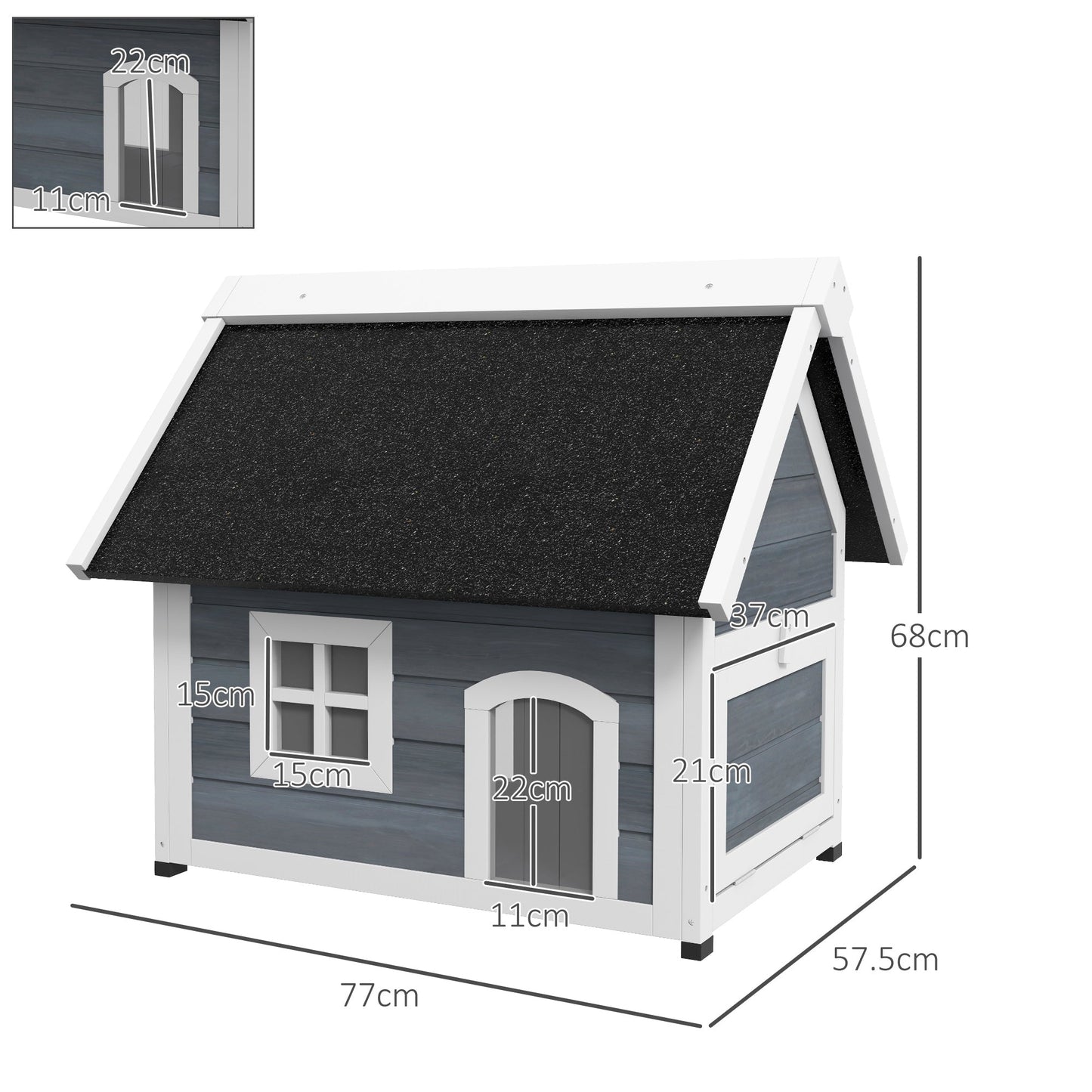 Outdoor Cat House, Wooden Feral Cat Shelter, Water-Resistant Hide Home with Openable Asphalt Roof, Three Doors, 77 x 57.5 x 68cm - Grey