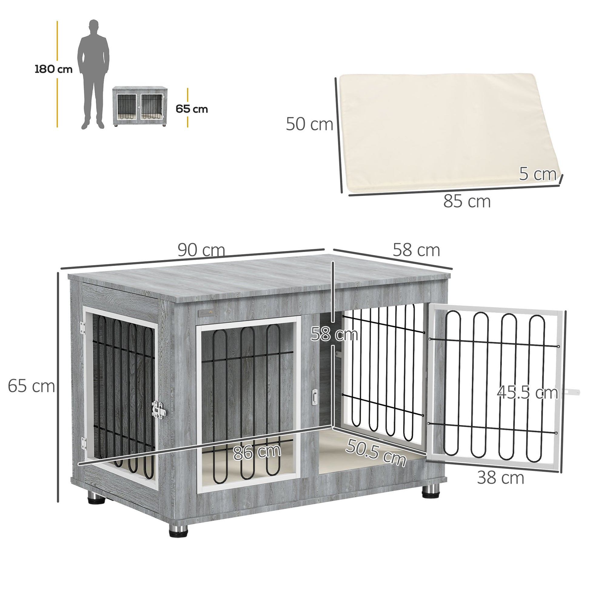 Dog Crate Furniture, Indoor Dog Kennel Side End Table with Cushion, Double Doors, for Medium and Large Breeds, 90 x 58 x 65 cm, Grey