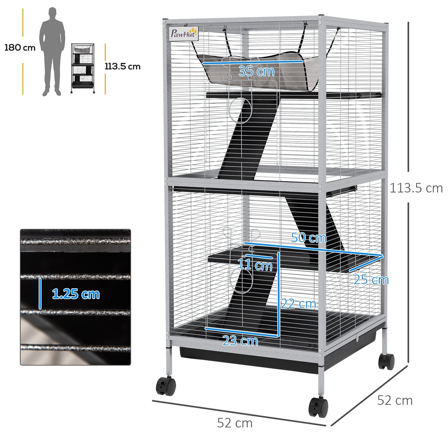 Small Animal Cage with Wheels Pet Home for Chinchillas Ferrets Kittens, with Hammock, 4 Platforms, Removable Tray, Light Grey
