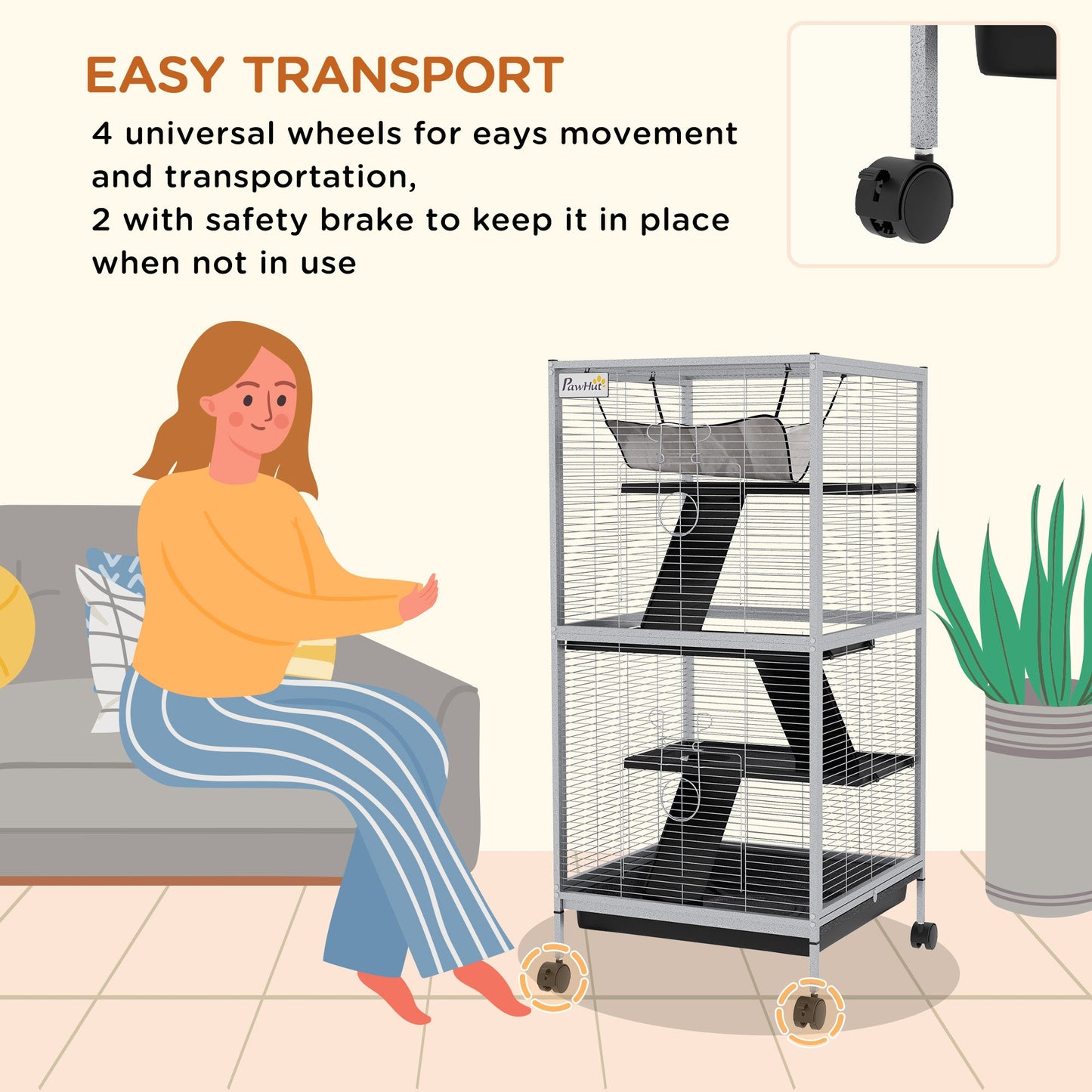 Small Animal Cage with Wheels Pet Home for Chinchillas Ferrets Kittens, with Hammock, 4 Platforms, Removable Tray, Light Grey