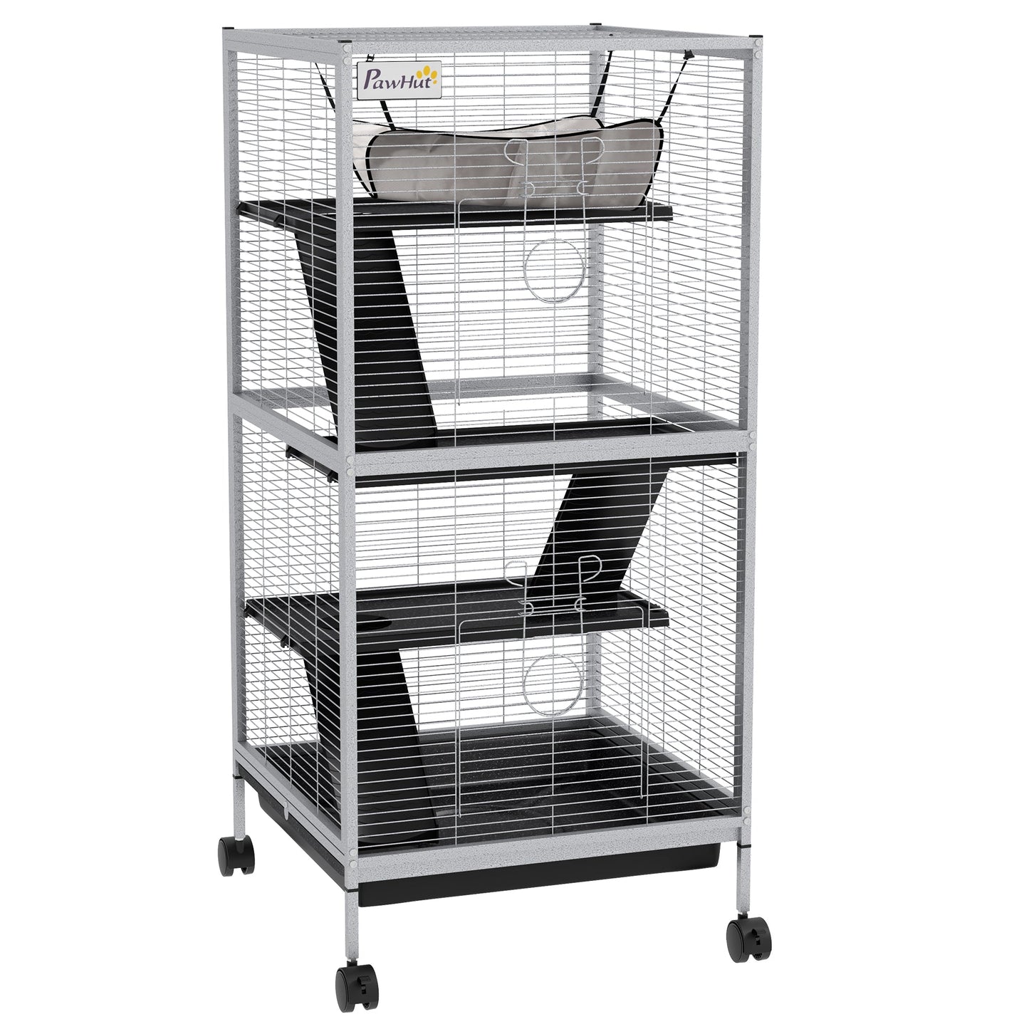 Small Animal Cage with Wheels Pet Home for Chinchillas Ferrets Kittens, with Hammock, 4 Platforms, Removable Tray, Light Grey