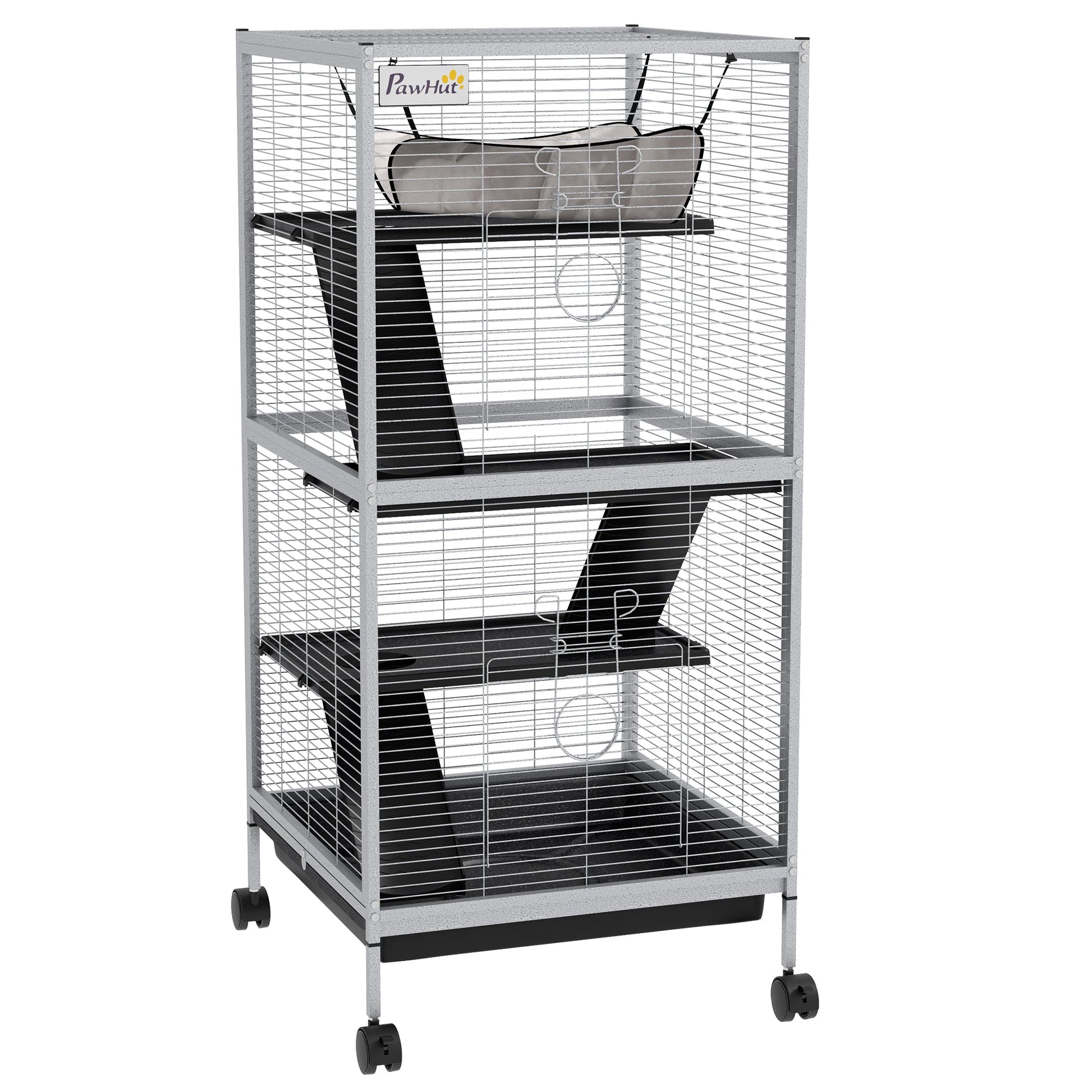 Small Animal Cage with Wheels Pet Home for Chinchillas Ferrets Kittens, with Hammock, 4 Platforms, Removable Tray, Light Grey