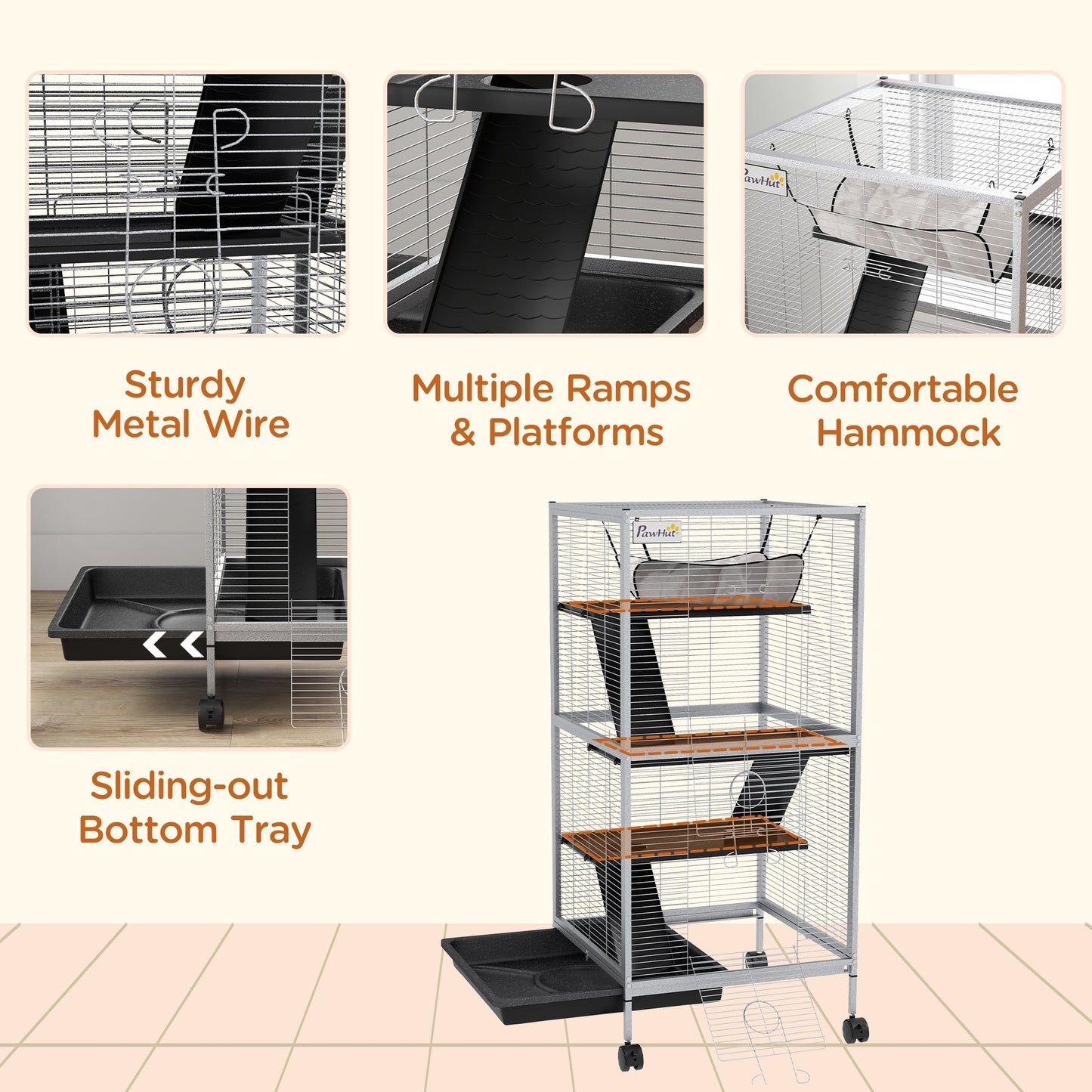 Small Animal Cage with Wheels Pet Home for Chinchillas Ferrets Kittens, with Hammock, 4 Platforms, Removable Tray, Light Grey