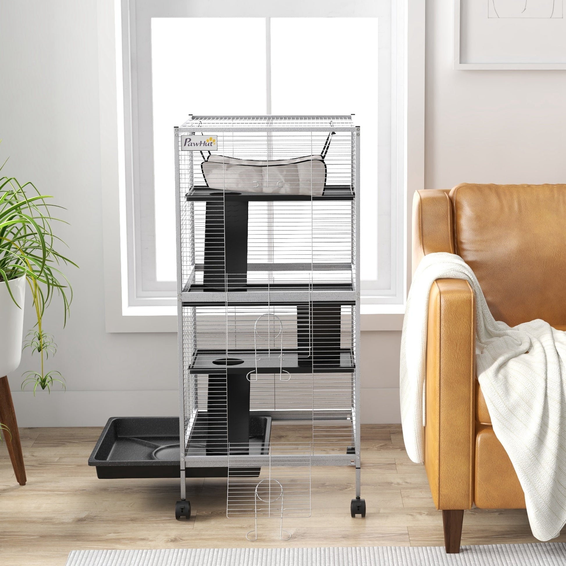 Small Animal Cage with Wheels Pet Home for Chinchillas Ferrets Kittens, with Hammock, 4 Platforms, Removable Tray, Light Grey