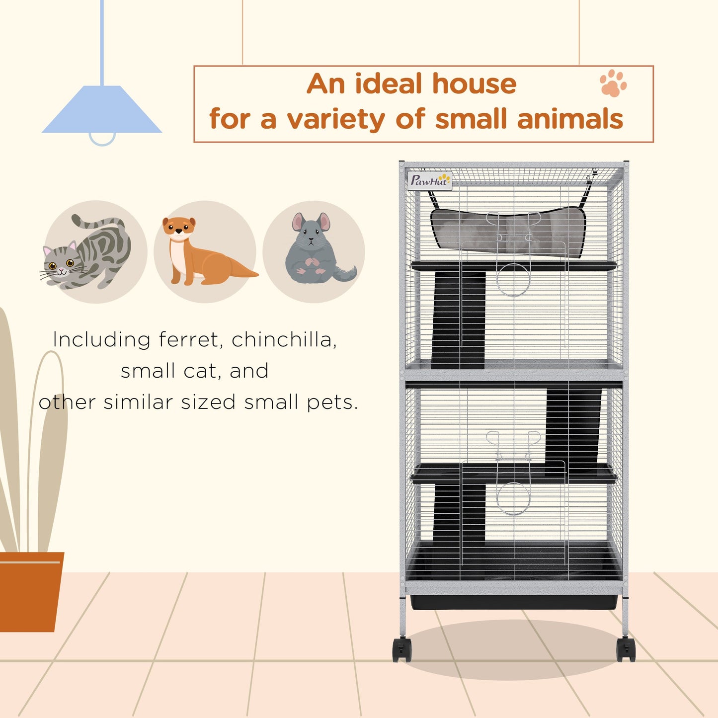 Small Animal Cage with Wheels Pet Home for Chinchillas Ferrets Kittens, with Hammock, 4 Platforms, Removable Tray, Light Grey