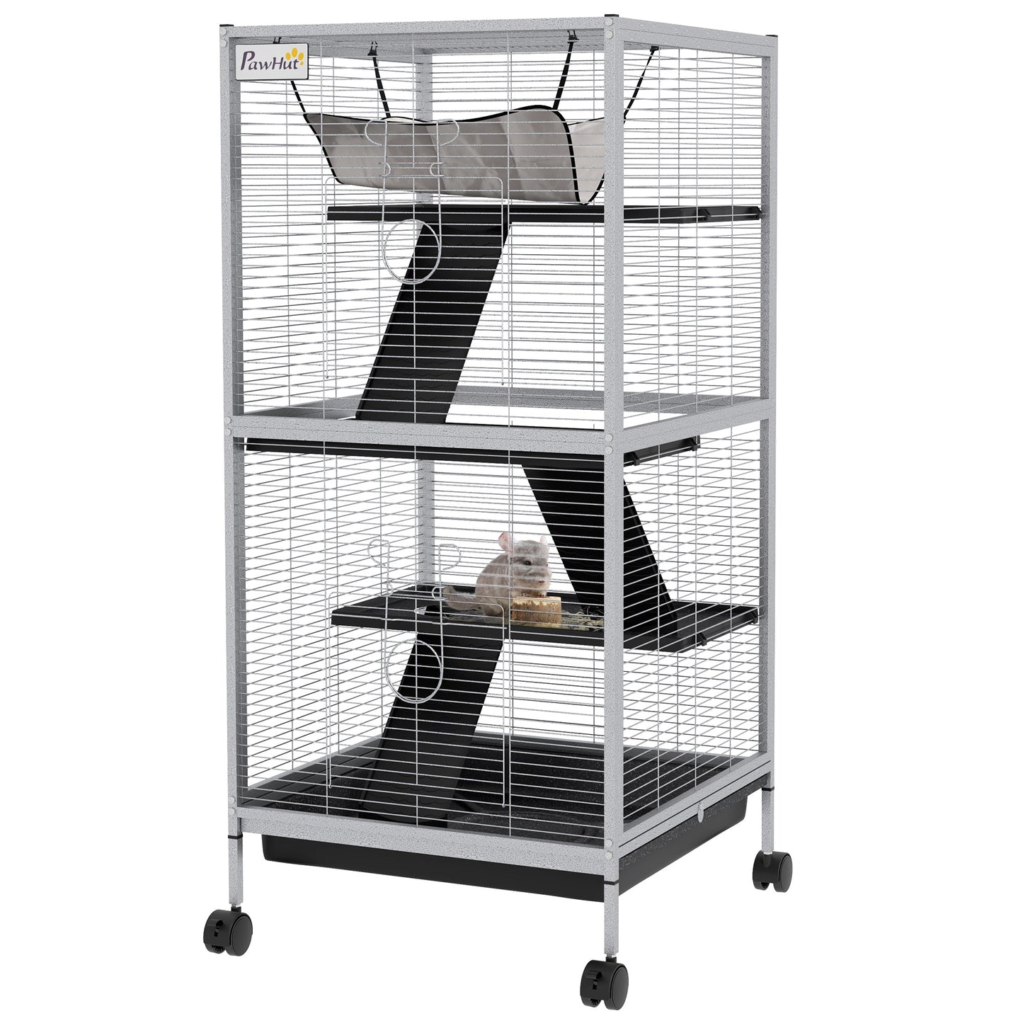 Small Animal Cage with Wheels Pet Home for Chinchillas Ferrets Kittens, with Hammock, 4 Platforms, Removable Tray, Light Grey