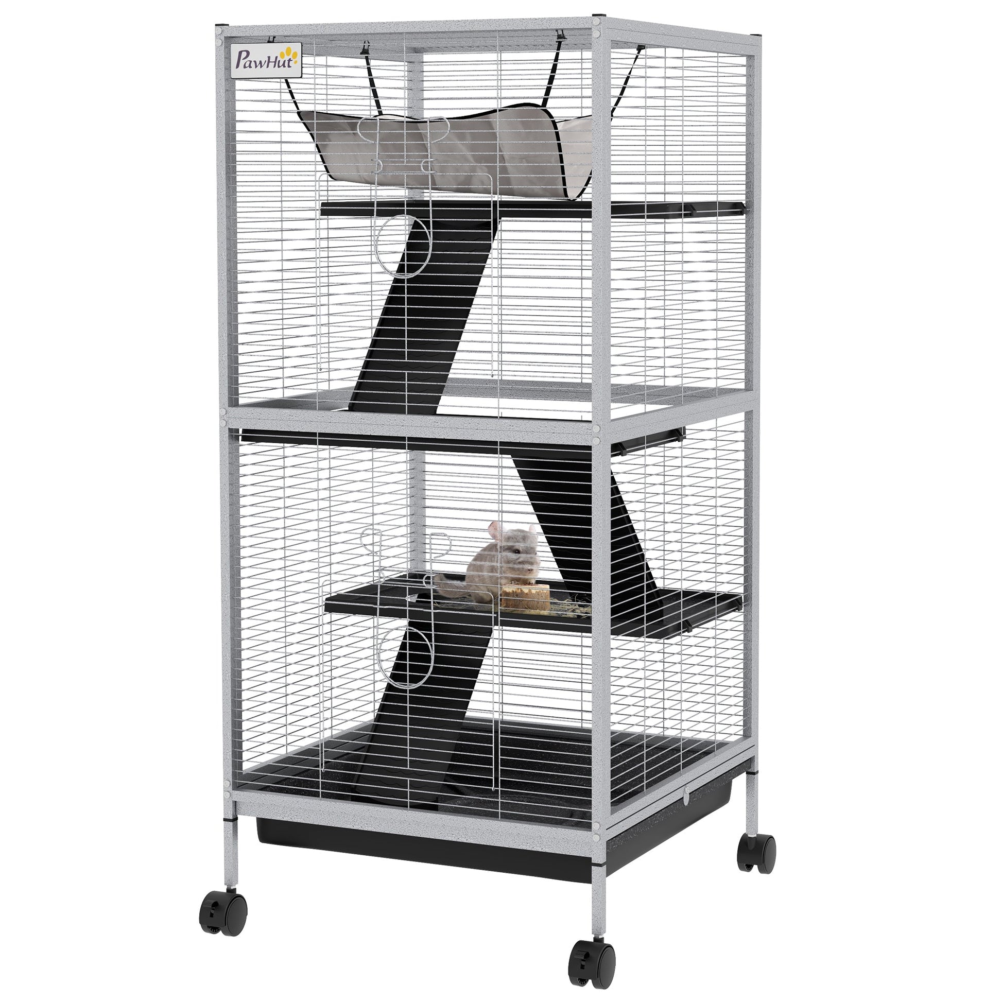 Small Animal Cage with Wheels Pet Home for Chinchillas Ferrets Kittens, with Hammock, 4 Platforms, Removable Tray, Light Grey